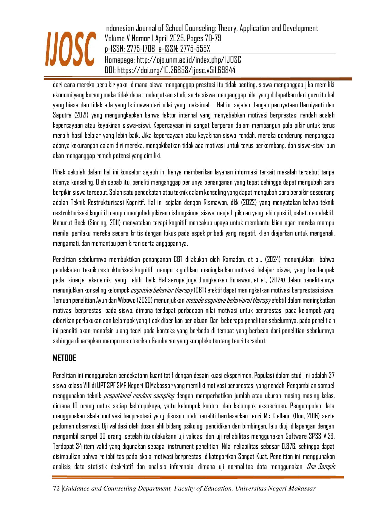 JURIS Pengaruh Teknik Restrukturisasi Kognitif terhadap Motivasi Berprestasi Siswa SMP Negeri 18 Makassar