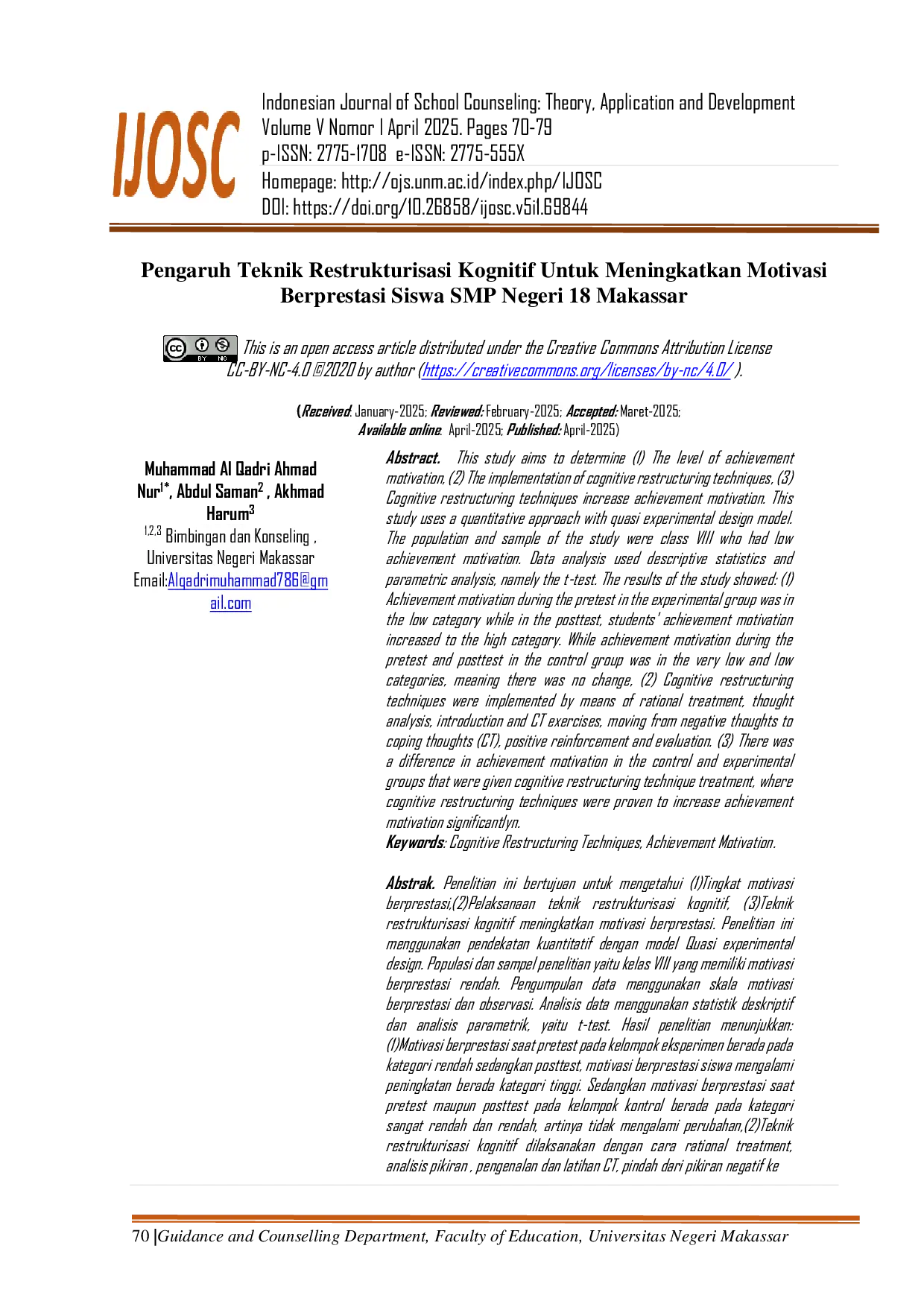 JURIS Pengaruh Teknik Restrukturisasi Kognitif terhadap Motivasi Berprestasi Siswa SMP Negeri 18 Makassar