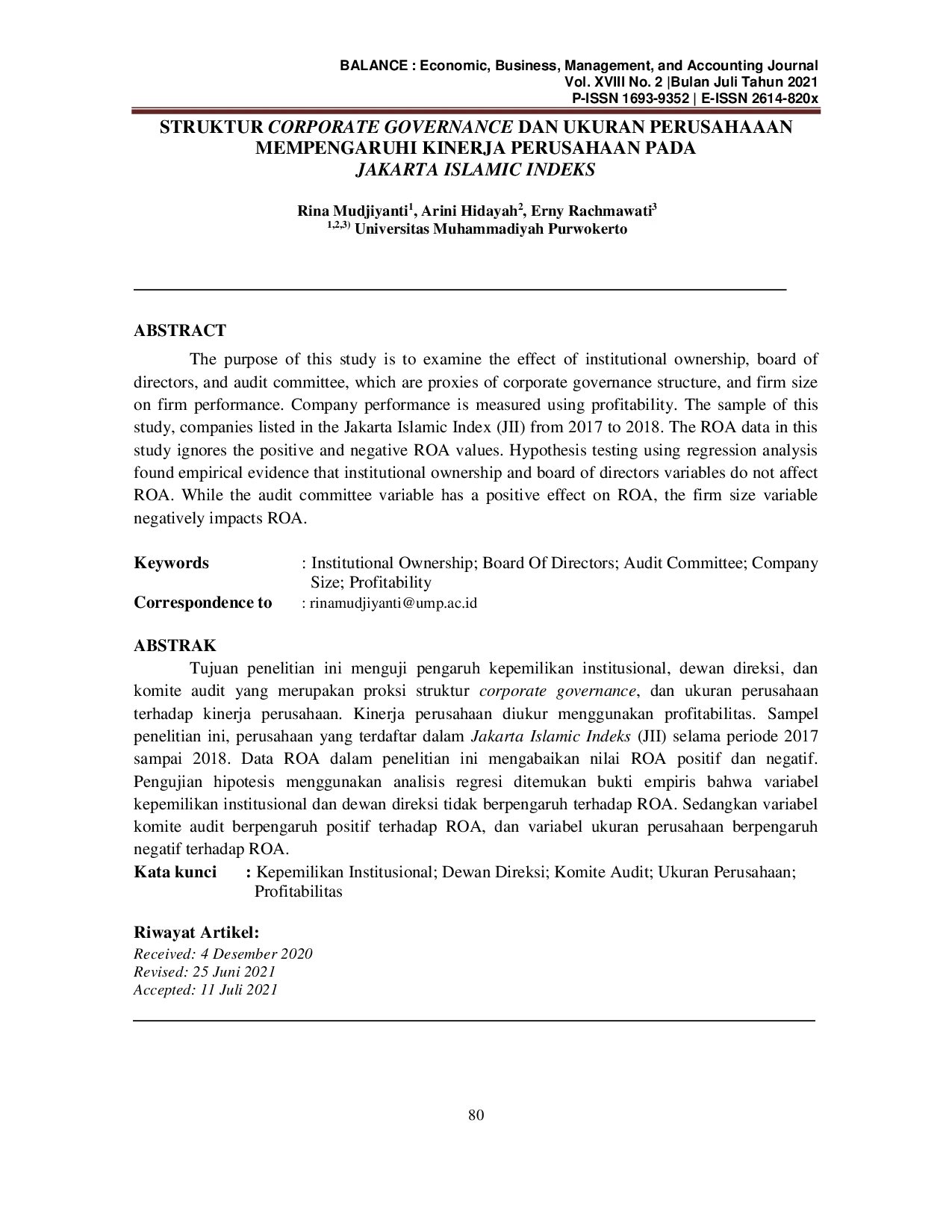 JURIS Struktur Corporate Governance dan Ukuran Perusahaaan Mempengaruhi Kinerja Perusahaan pada Jakarta Islamic Indeks