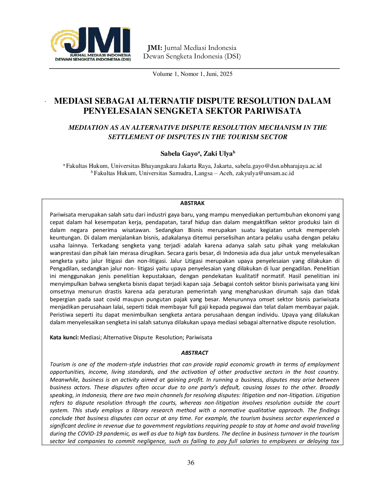 JURIS Mediasi Sebagai Alternatif Dispute Resolution Dalam Penyelesaian Sengketa Sektor Pariwisata