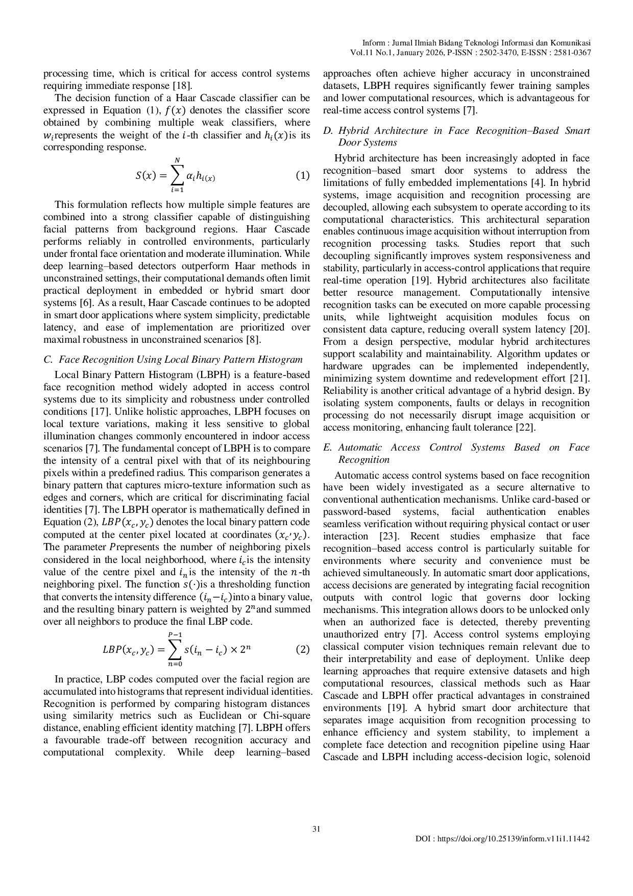 JURIS Hybrid Face Recognition System Using Haar Cascade and Local Binary Pattern Histogram for Automatic Smart Door Access