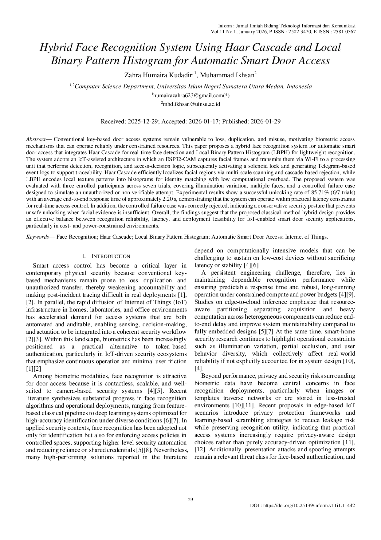 JURIS Hybrid Face Recognition System Using Haar Cascade and Local Binary Pattern Histogram for Automatic Smart Door Access