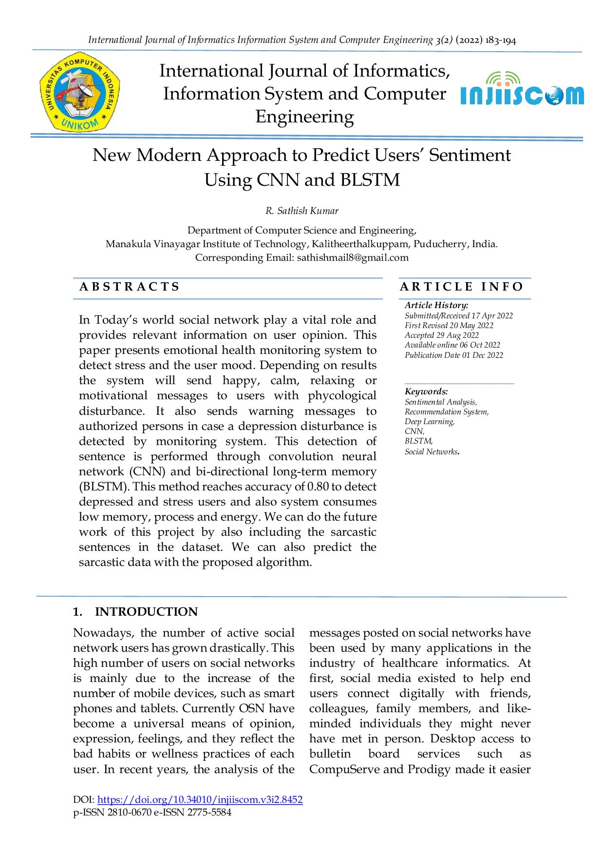 JURIS New Modern Approach to Predict Users Sentiment Using CNN and BLSTM