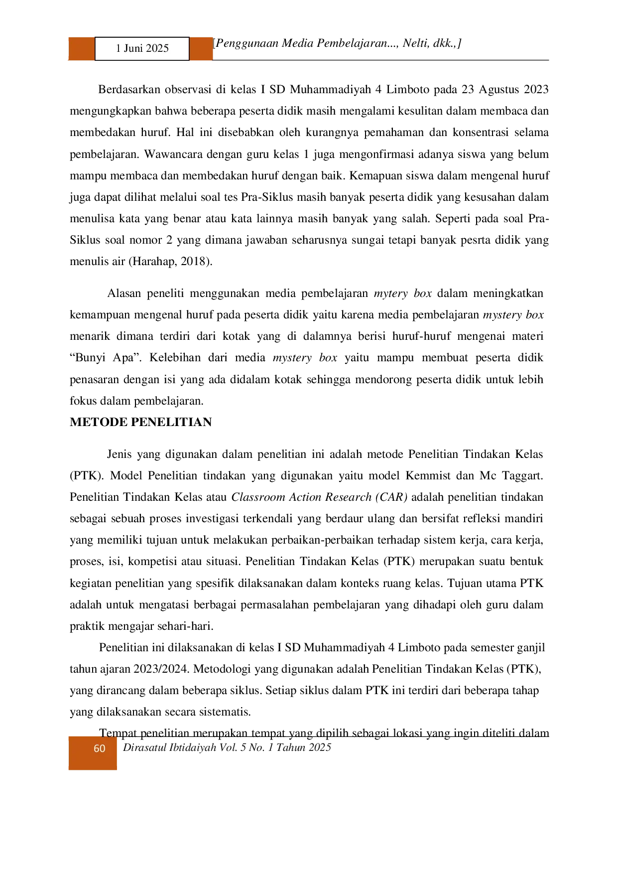 JURIS Penggunaan Media Pembelajaran Mystery Box untuk Meningkatkan Kemampuan Membaca Huruf pada Mata Pelajaran Bahasa Indonesia