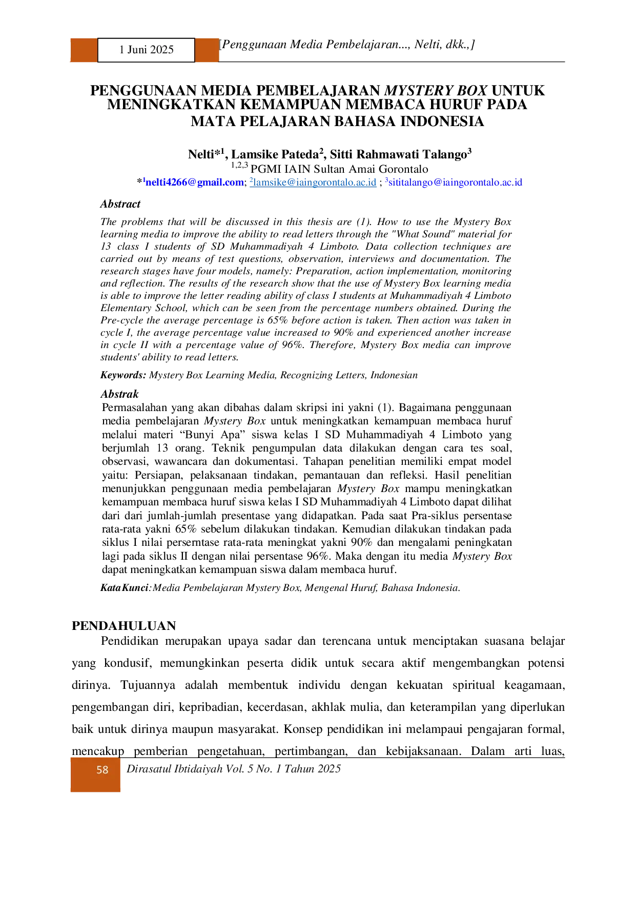 JURIS Penggunaan Media Pembelajaran Mystery Box untuk Meningkatkan Kemampuan Membaca Huruf pada Mata Pelajaran Bahasa Indonesia