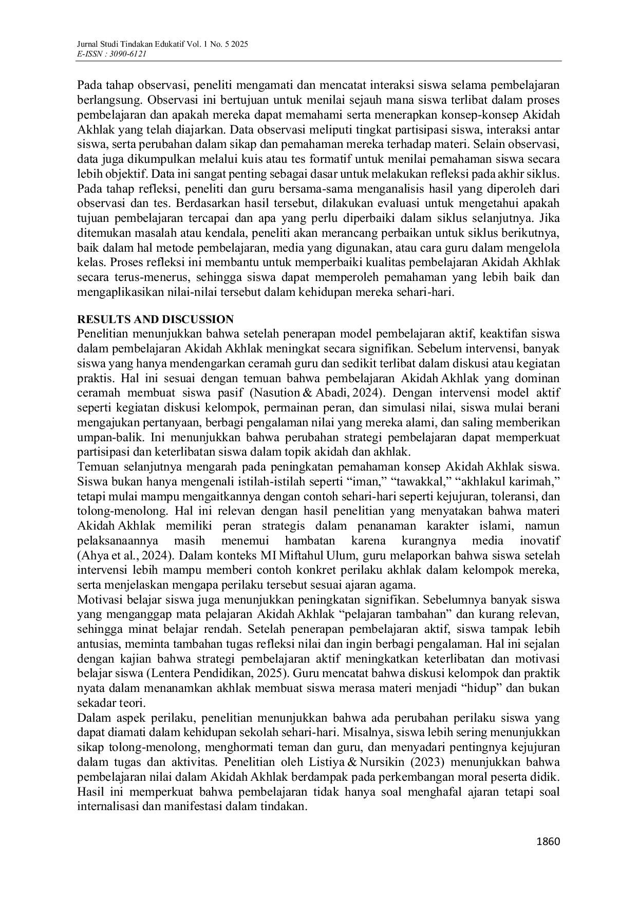 JURIS Peningkatan Pemahaman Akidah Akhlak melalui Model Pembelajaran Aktif di MI Miftahul Ulum Membangun Karakter Siswa Sejak Dini