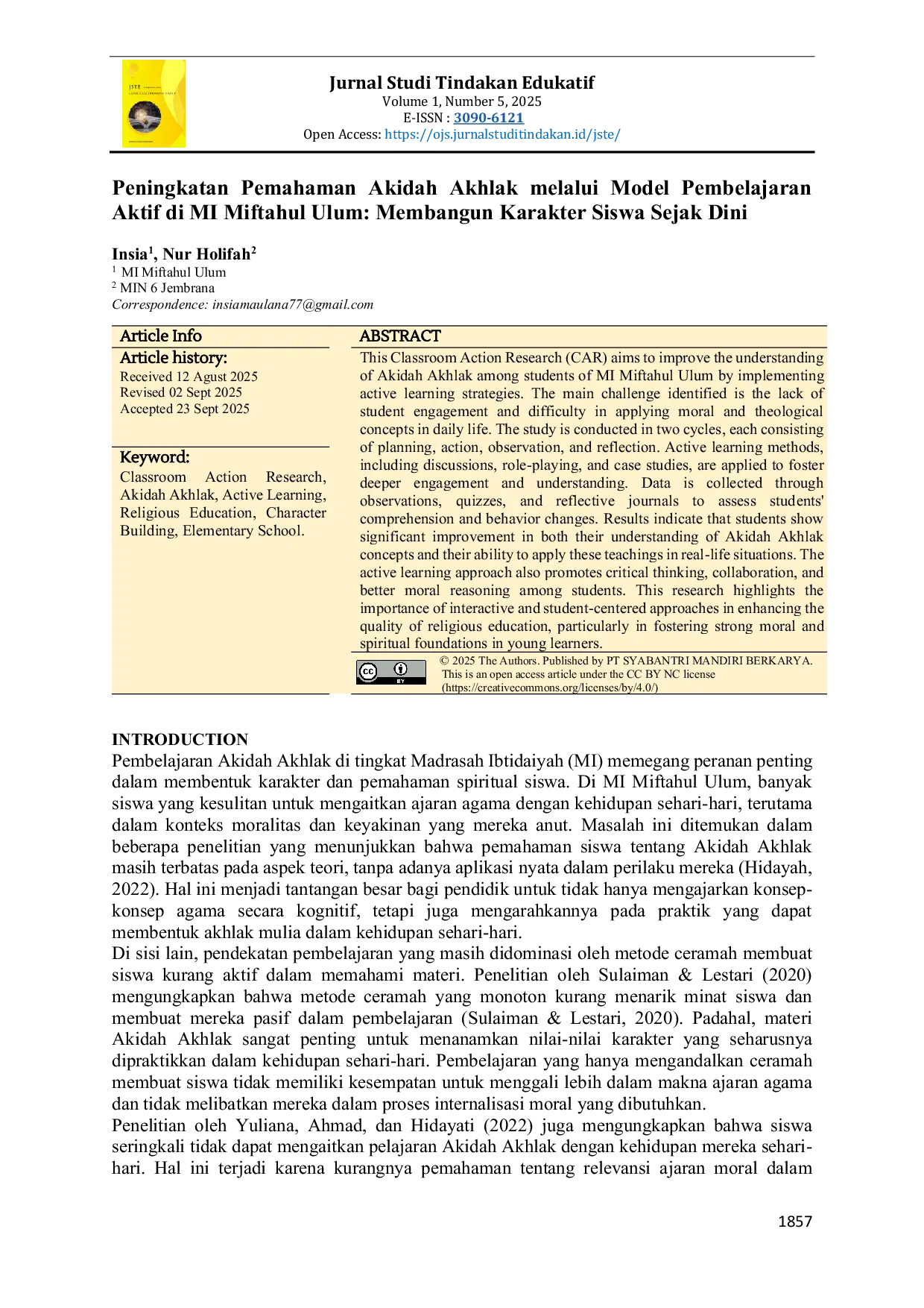 JURIS Peningkatan Pemahaman Akidah Akhlak melalui Model Pembelajaran Aktif di MI Miftahul Ulum Membangun Karakter Siswa Sejak Dini