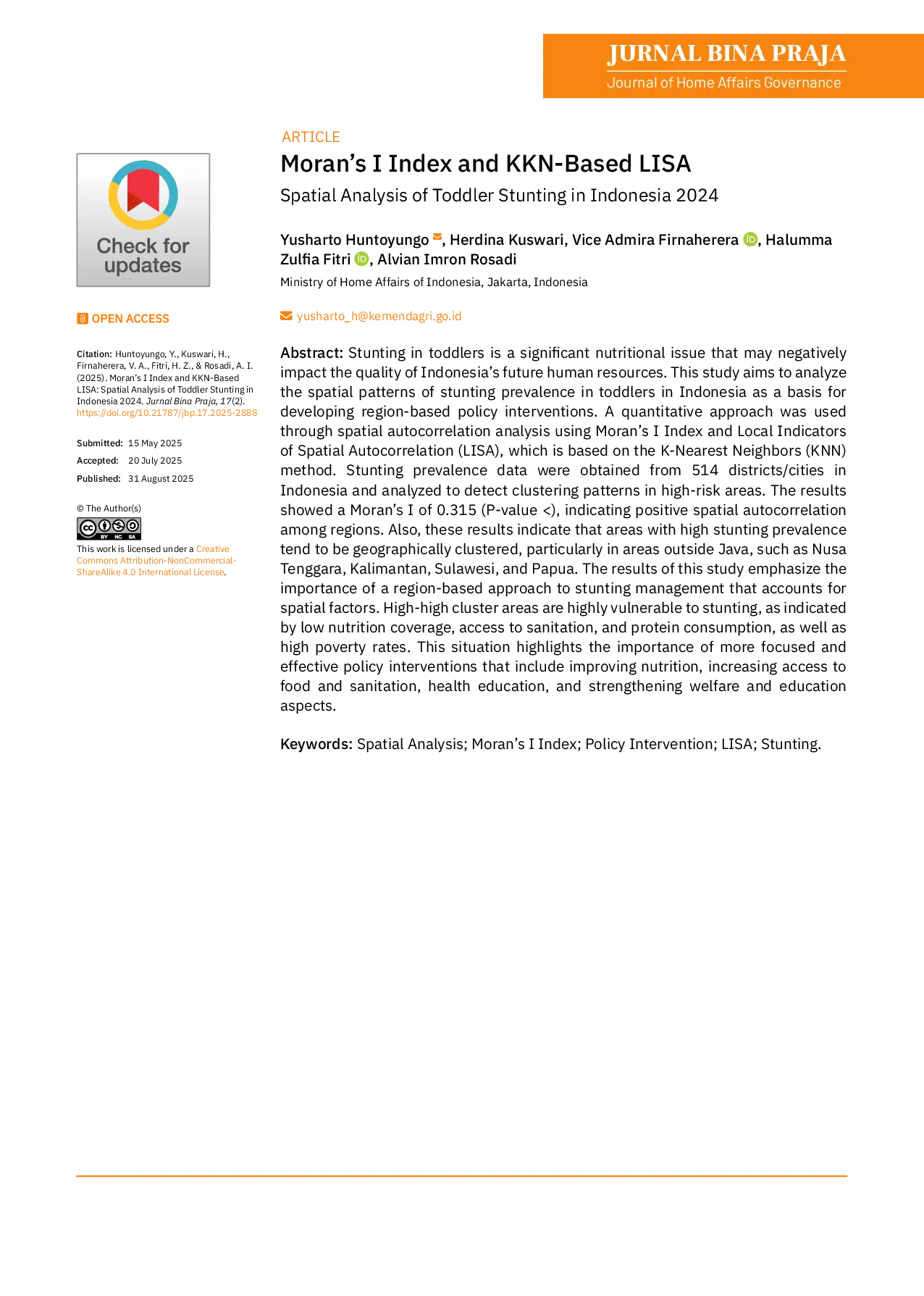 JURIS Indeks Moran I dan LISA Berbasis KKN Analisis Spasial Stunting pada Balita di Indonesia 2024