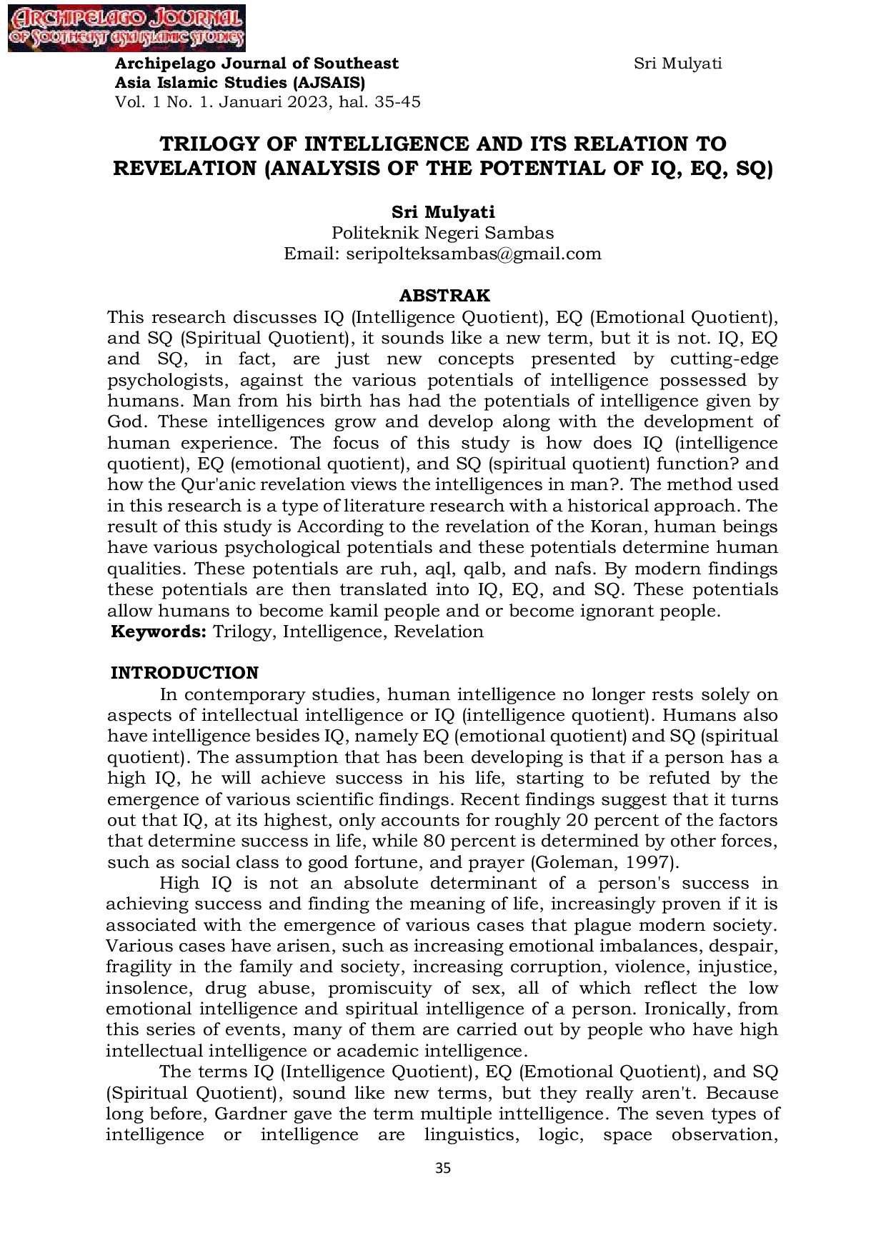 JURIS Trilogy of Intelligence and Its Relation to Revelation Analysis of the Potential of IQ EQ SQ