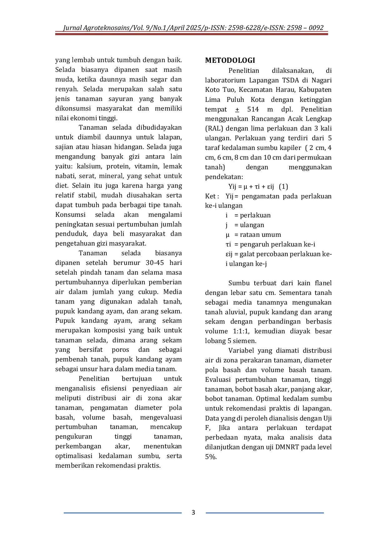 JURIS Pengaruh Kedalaman Sumbu Yang Terbenam Dalam Tanah Pada Sistem Irigasi Kapiler