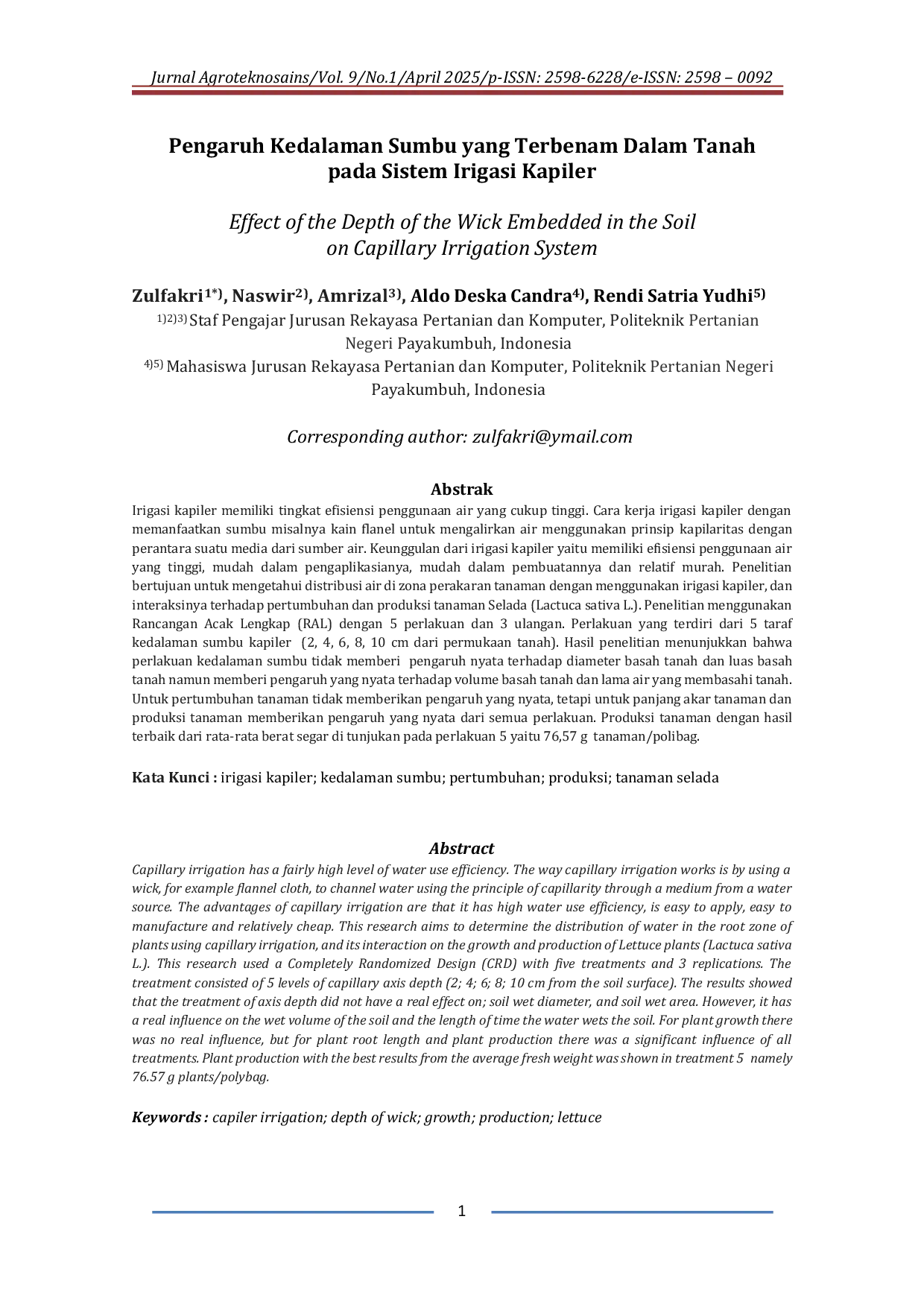 JURIS Pengaruh Kedalaman Sumbu Yang Terbenam Dalam Tanah Pada Sistem Irigasi Kapiler