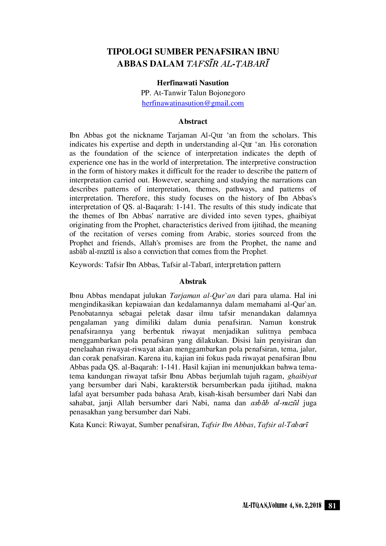 juris Tipologi Sumber Penafsiran Ibnu Abbas Dalam Tafsir Al Tabari