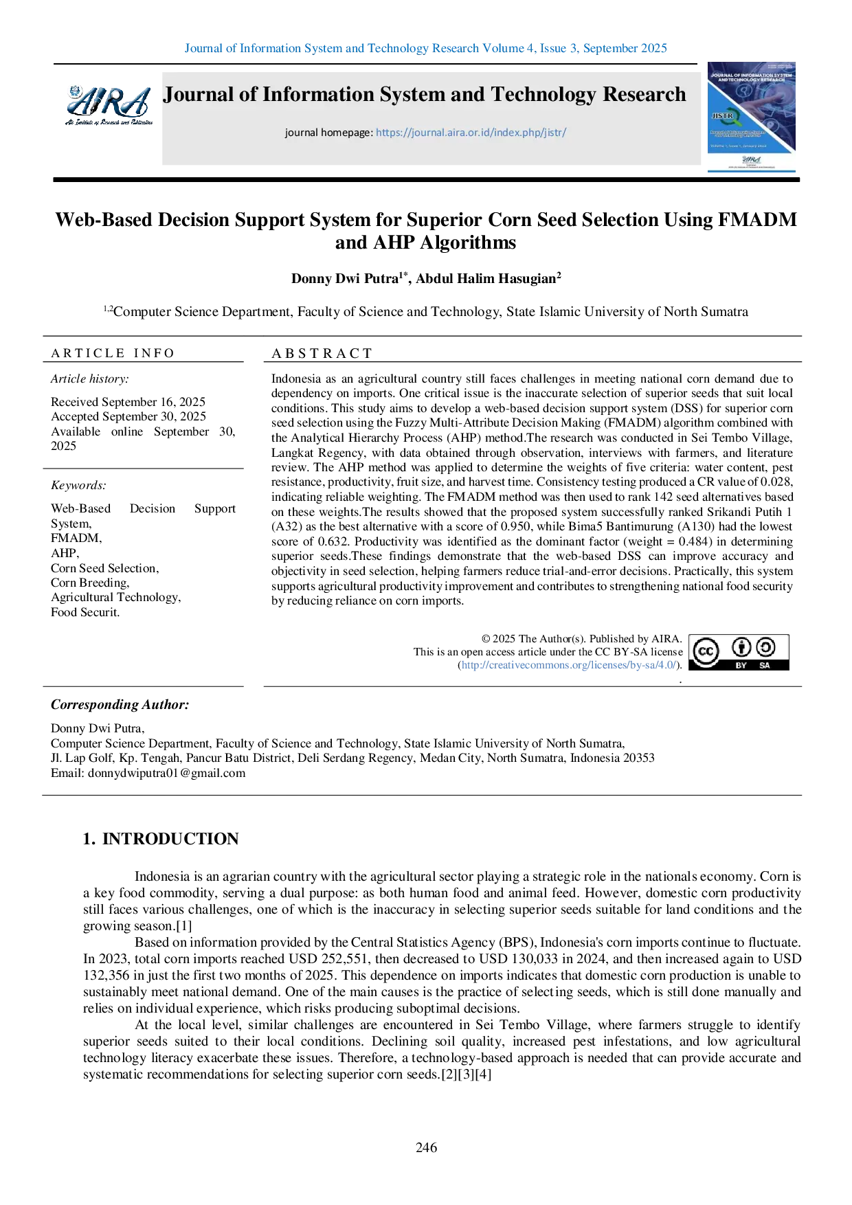 JURIS Web Based Decision Support System for Superior Corn Seed Selection Using FMADM and AHP Algorithms