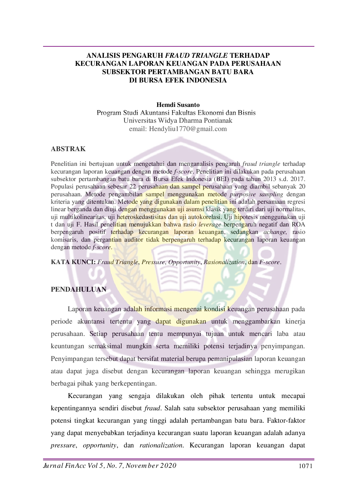 JURIS Analisis Pengaruh Fraud Triangle Terhadap Kecurangan Laporan Keuangan Pada Perusahaan Subsektor Pertambangan Batu Bara Di Bursa Efek Indonesia