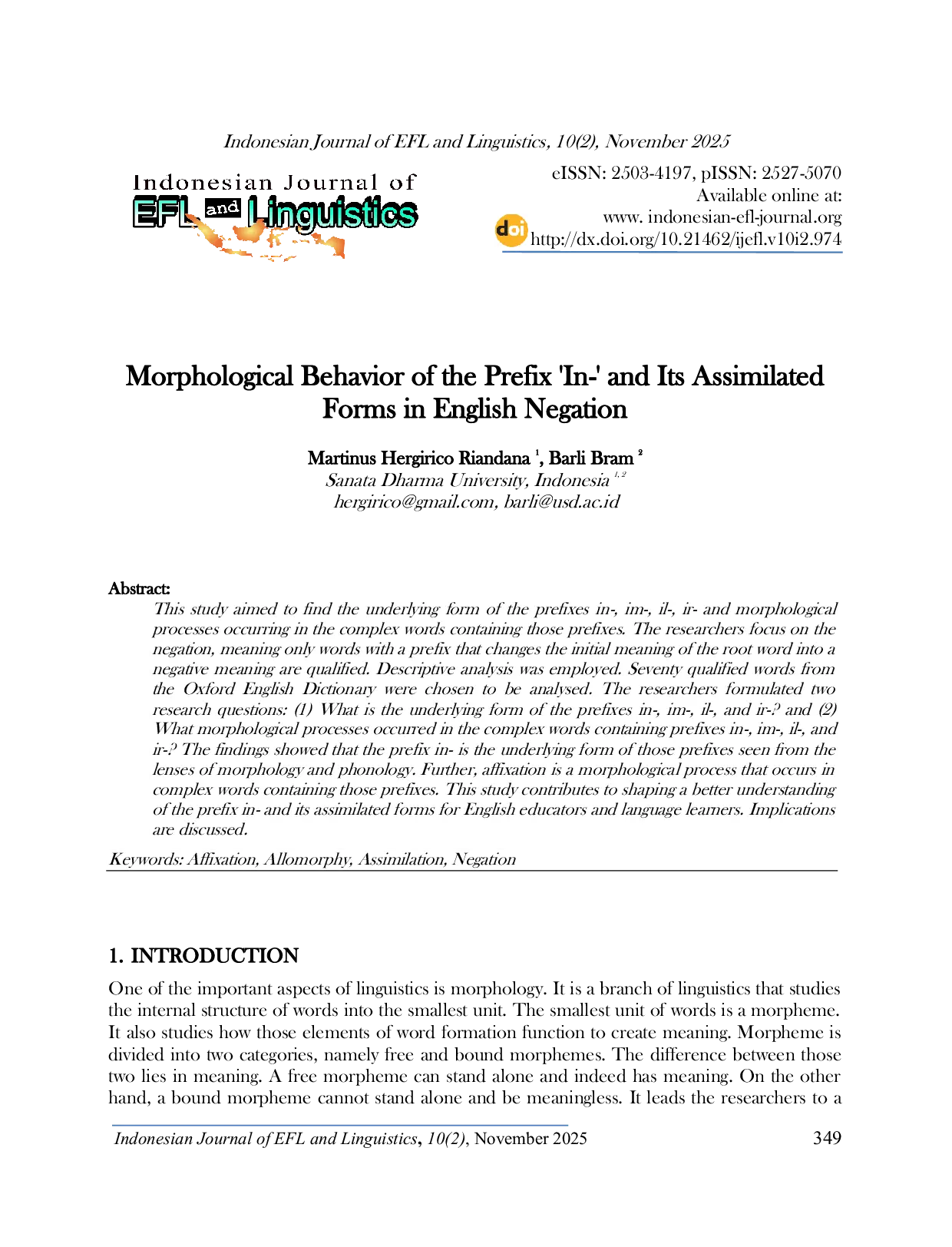 JURIS Morphological Behavior of the Prefix In and Its Assimilated Forms in English Negation