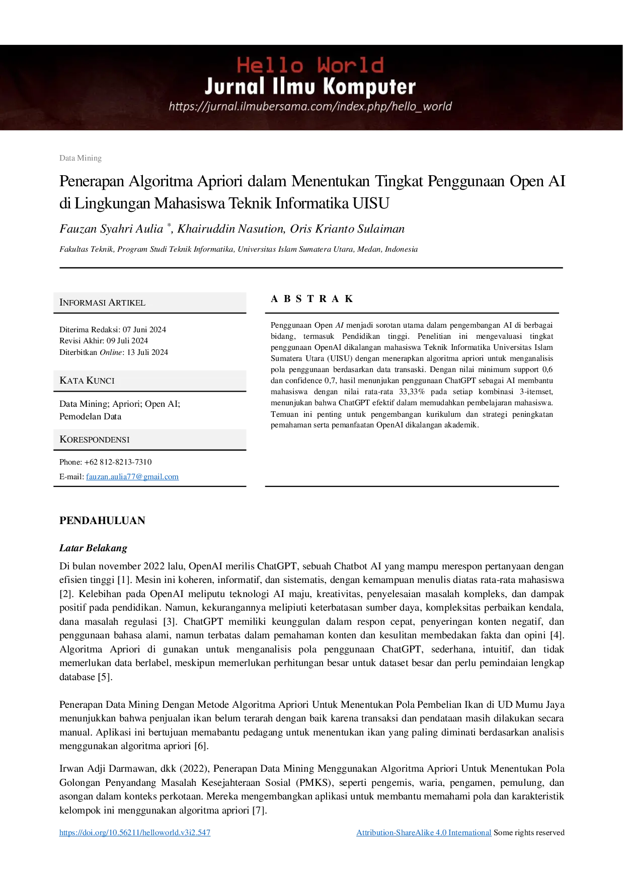 juris Penerapan Algoritma Apriori Dalam Menentukan Tingkat Penggunaan Open AI Di Lingkungan Mahasiswa Teknik Informatika UISU