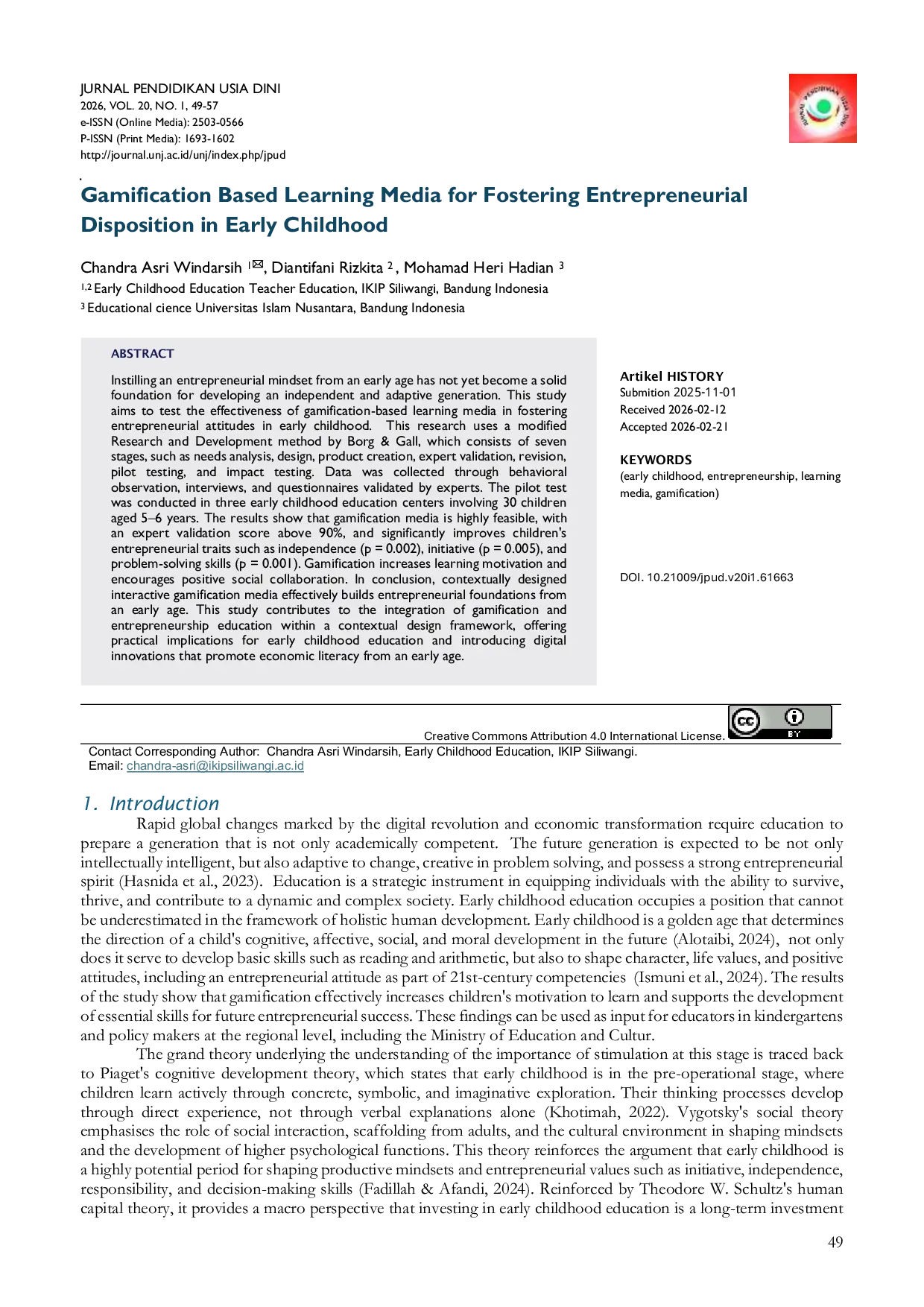 JURIS Gamification Based Learning Media for Fostering Entrepreneurial Disposition in Early Childhood