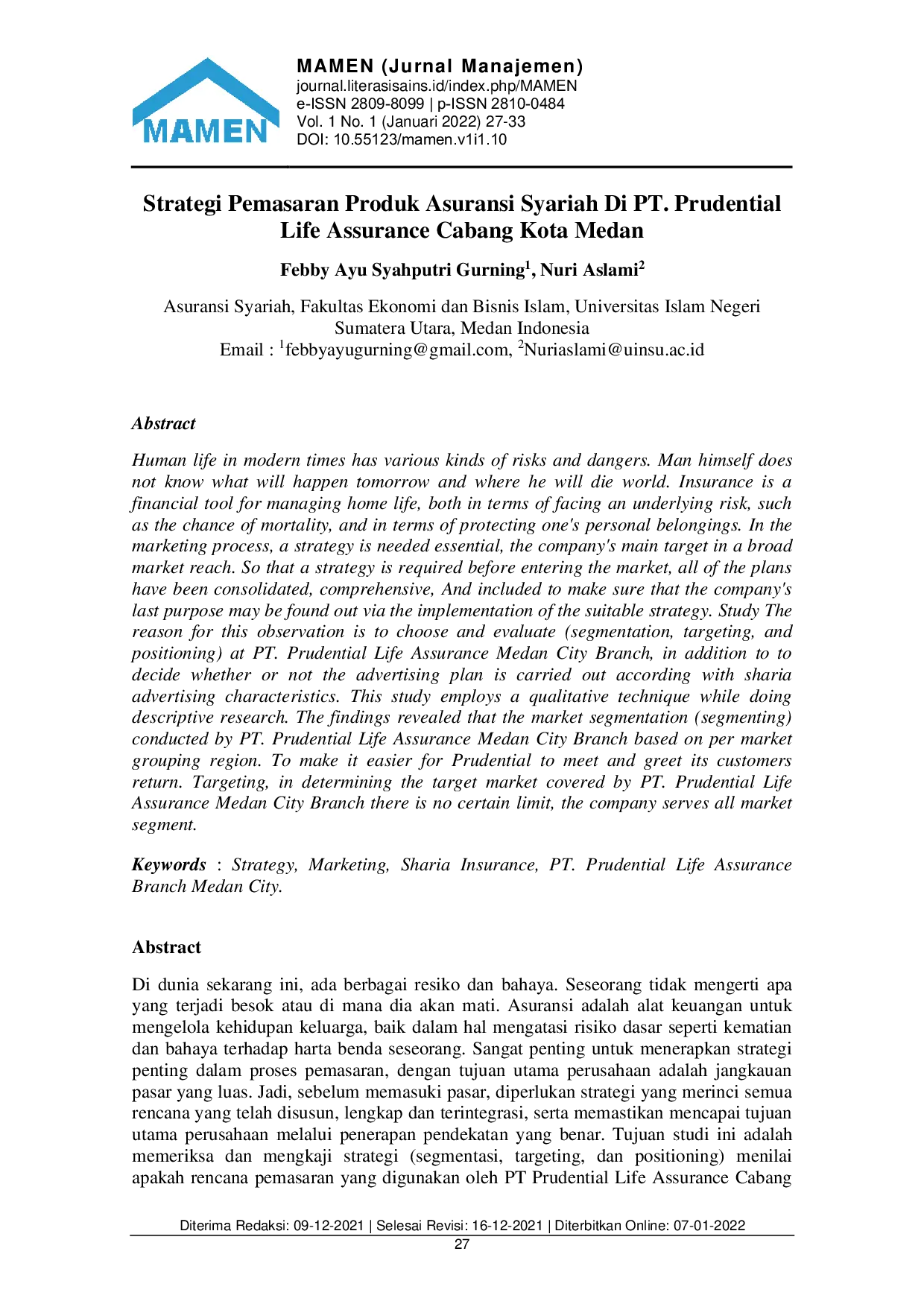 JURIS Strategi Pemasaran Produk Asuransi Syariah Di PT Prudential Life Assurance Cabang Kota Medan