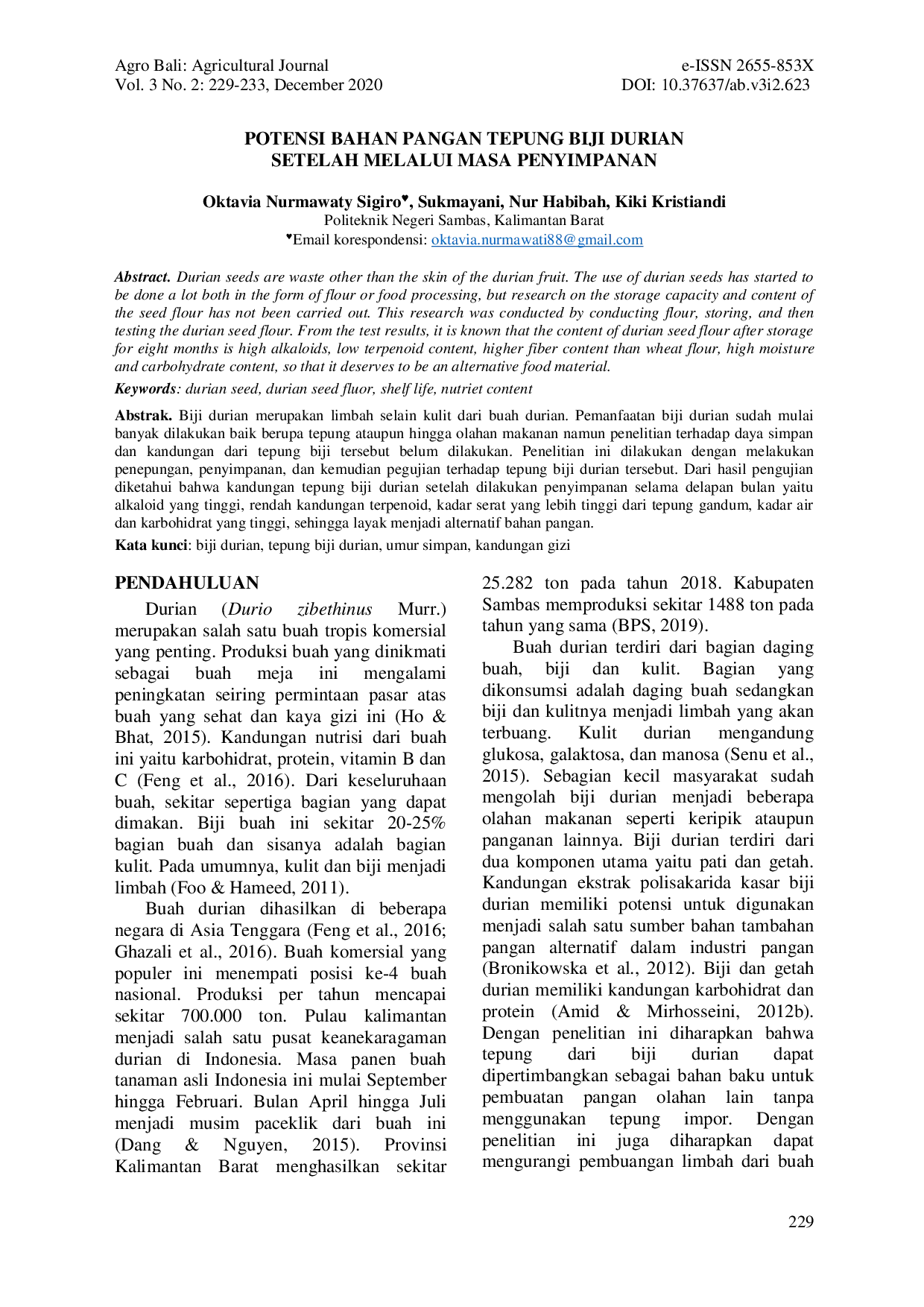 JURIS Potensi Bahan Pangan Tepung Biji Durian Setelah Melalui Masa Penyimpanan