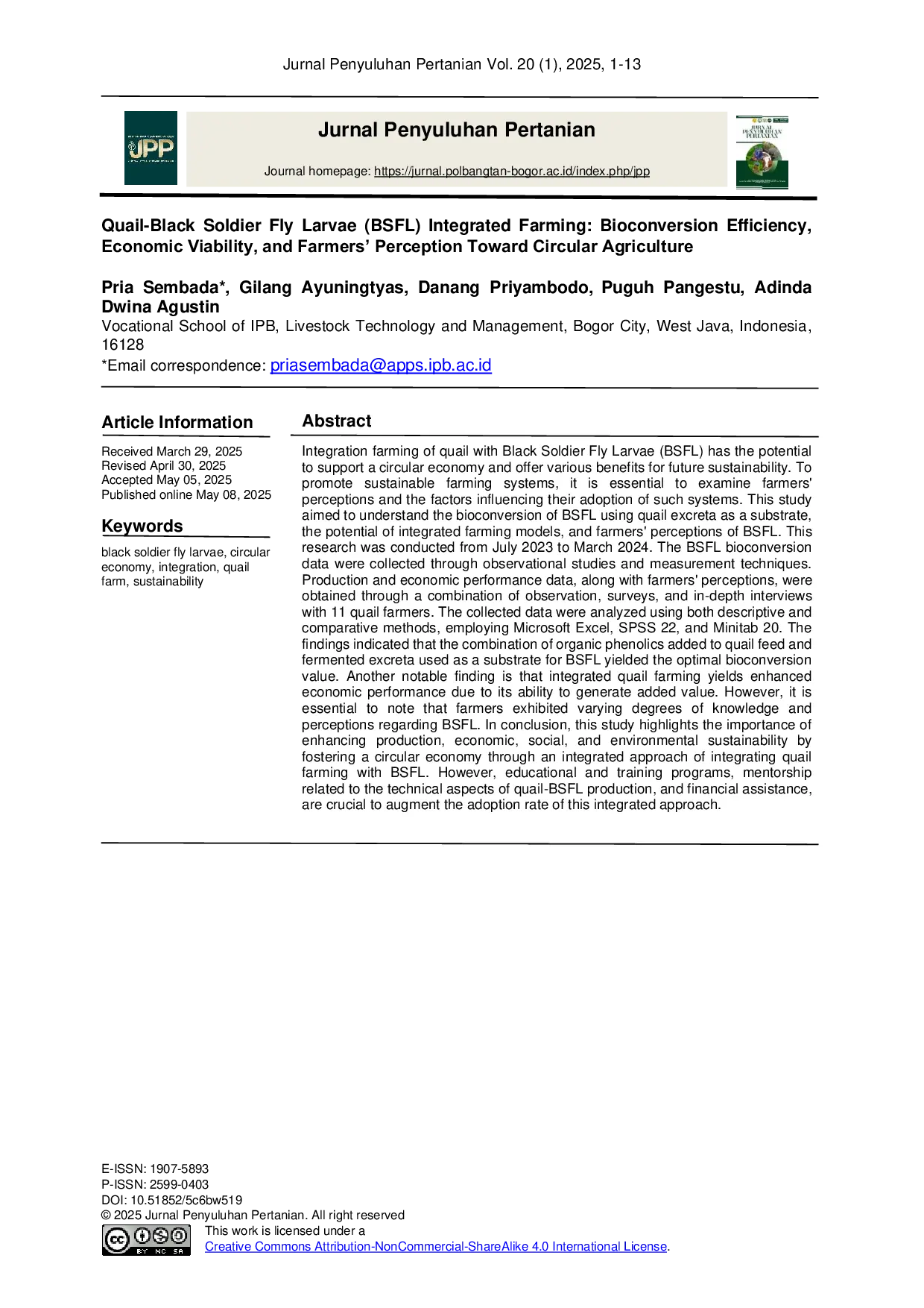 JURIS Quail Black Soldier Fly Larvae BSFL Integrated Farming Bioconversion Efficiency Economic Viability and Farmers Perception Toward Circular Agriculture
