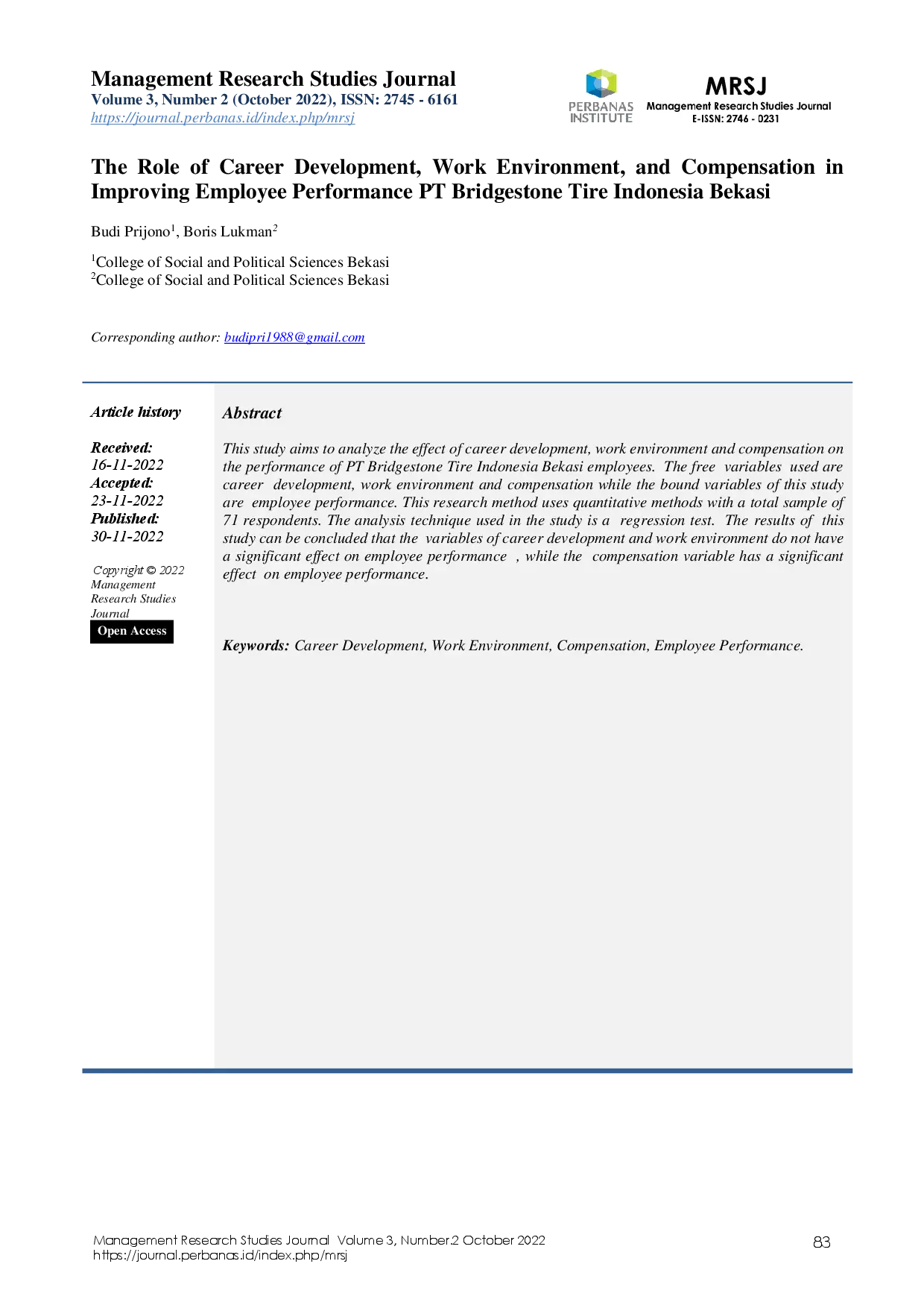 juris The Role of Career Development Work Environment and Compensation in Improving Employee Performance PT Bridgestone Tire Indonesia Bekasi