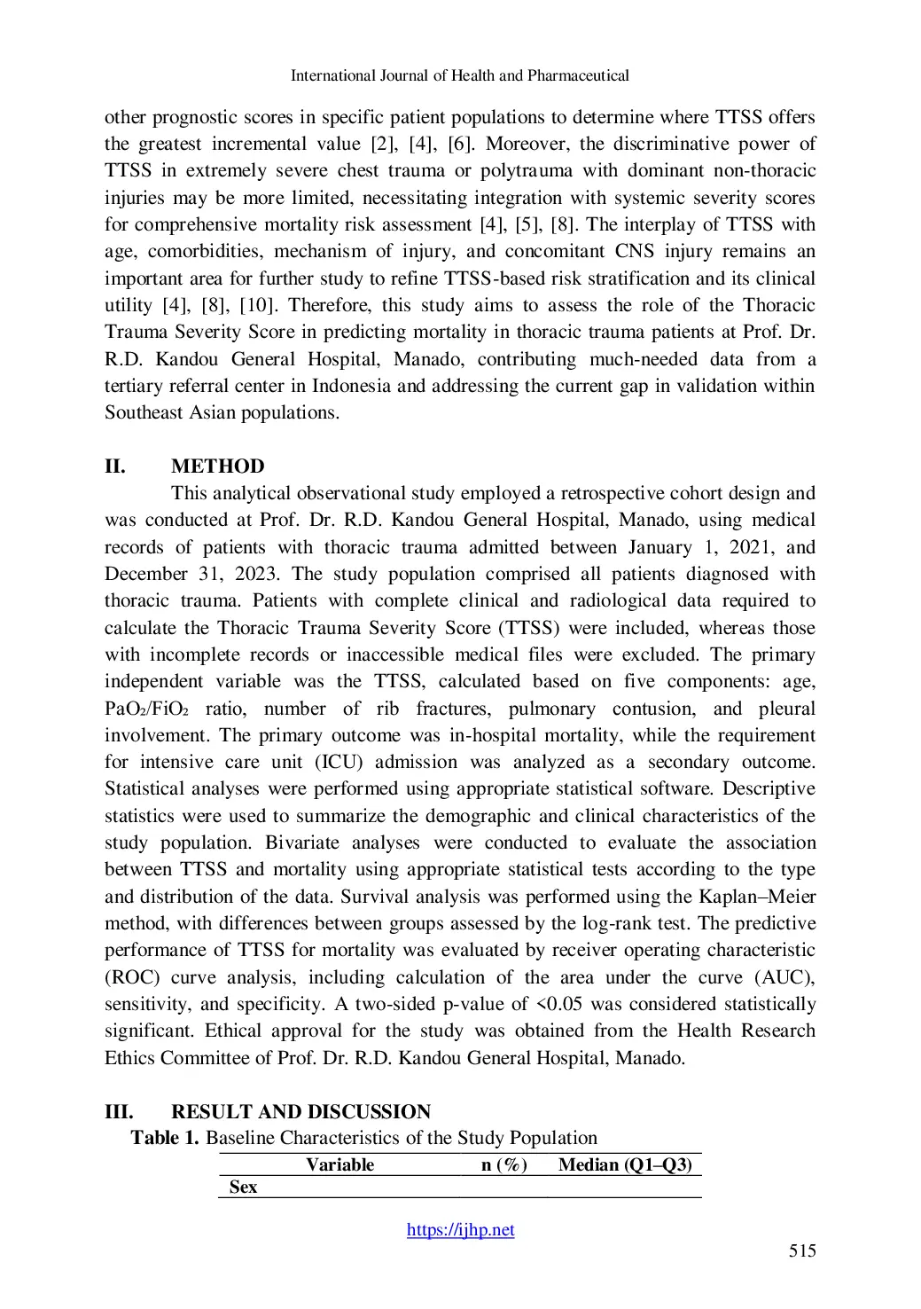 JURIS Use of Thoracic Trauma Severity Score TTSS Components and Systems in Predicting Mortality in Thoracic Trauma