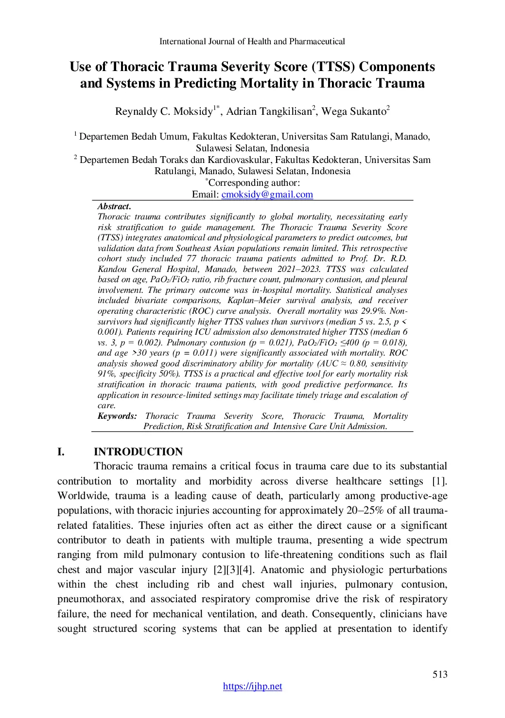 JURIS Use of Thoracic Trauma Severity Score TTSS Components and Systems in Predicting Mortality in Thoracic Trauma