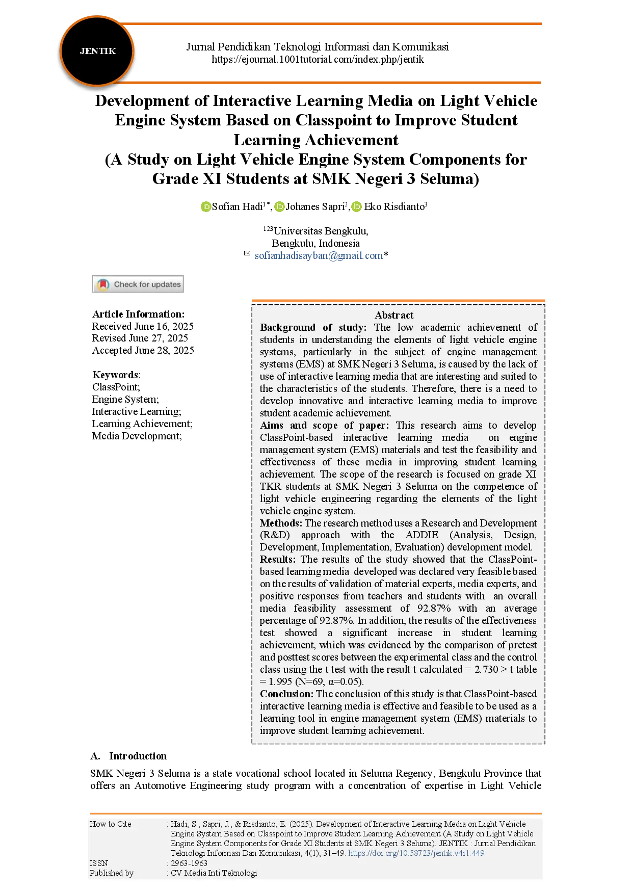 juris Development of Interactive Learning Media on Light Vehicle Engine System Based on Classpoint to Improve Student Learning Achievement A Study on Light Vehicle Engine System Components for Grade XI Stu