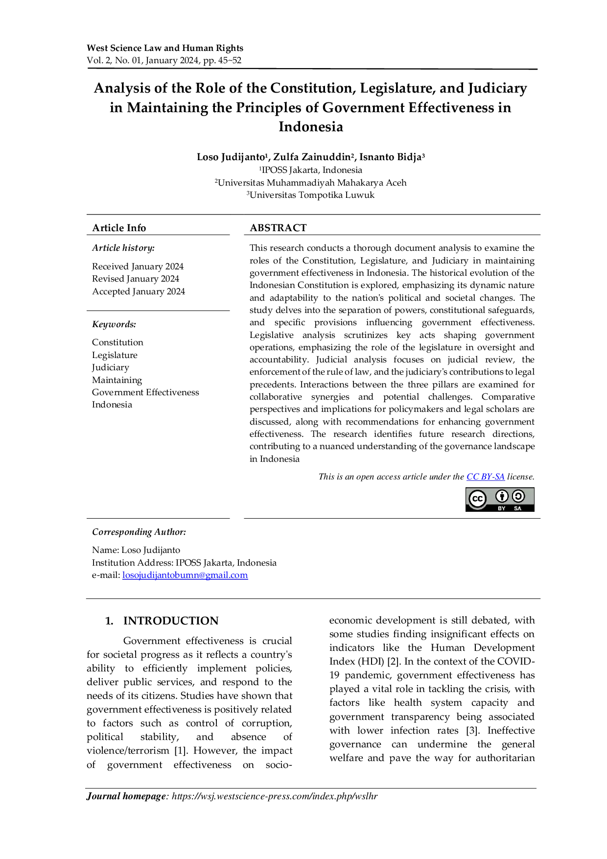 JURIS Analysis of the Role of the Constitution Legislature and Judiciary in Maintaining the Principles of Government Effectiveness in Indonesia