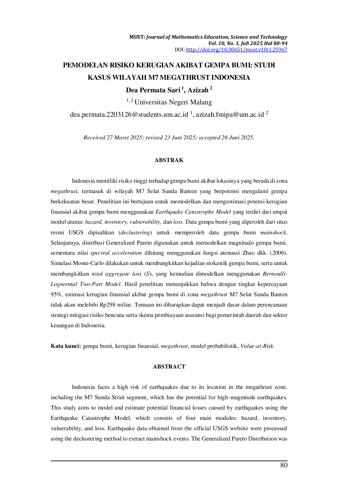 JURIS Pemodelan Risiko Kerugian Akibat Gempa Bumi Studi Kasus Wilayah M7 Megathrust Indonesia