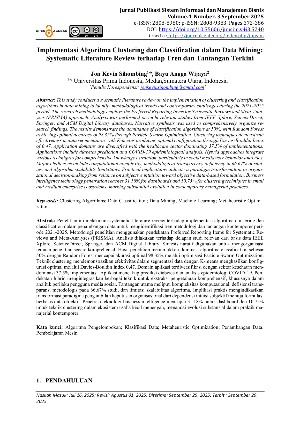 JURIS Implementasi Algoritma Clustering dan Classification dalam Data Mining Systematic Literature Review terhadap Tren dan Tantangan Terkini