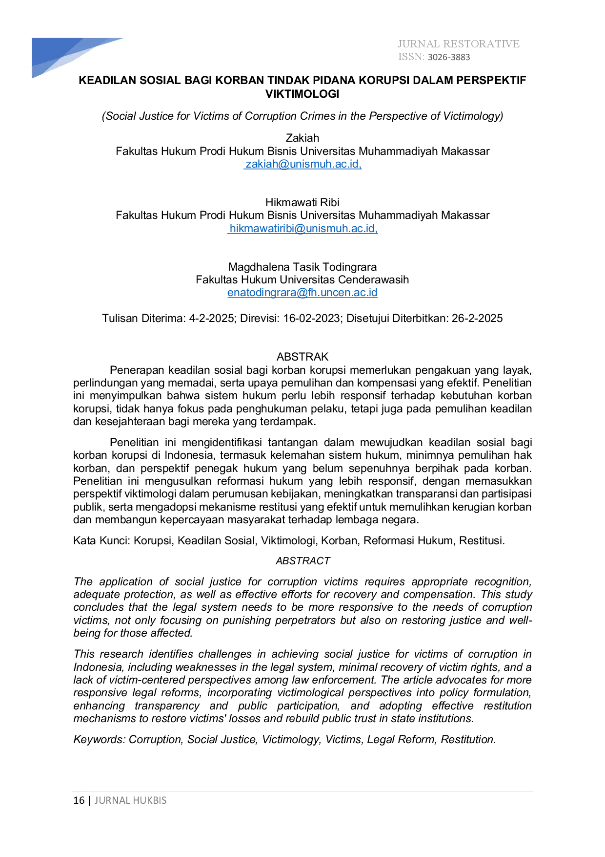 juris Keadilan Sosial Bagi Korban Tindak Pidana Korupsi Dalam Perspektif Viktimologi