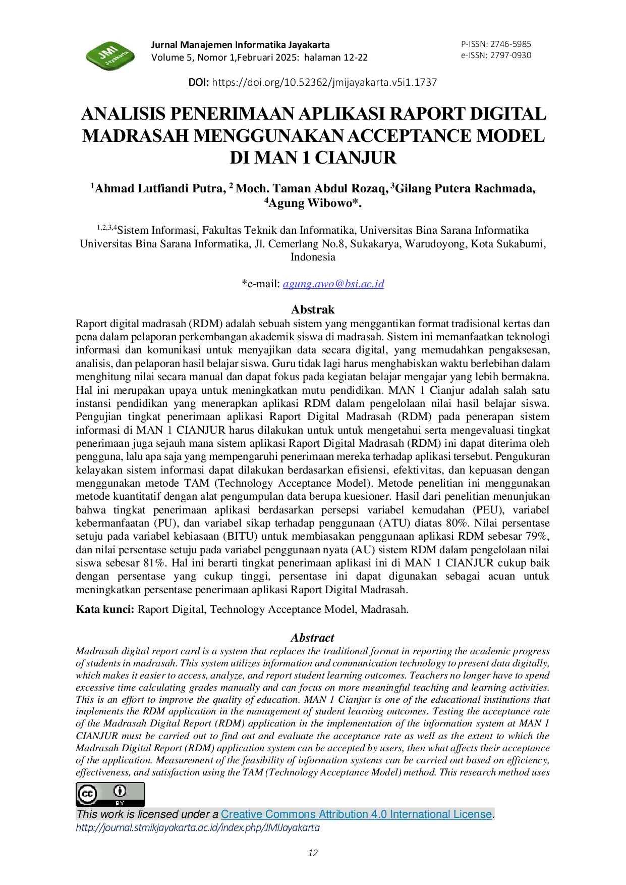JURIS Analisis Penerimaan Aplikasi Raport Digital Madrasah Menggunakan Acceptance Model di MAN 1 Cianjur