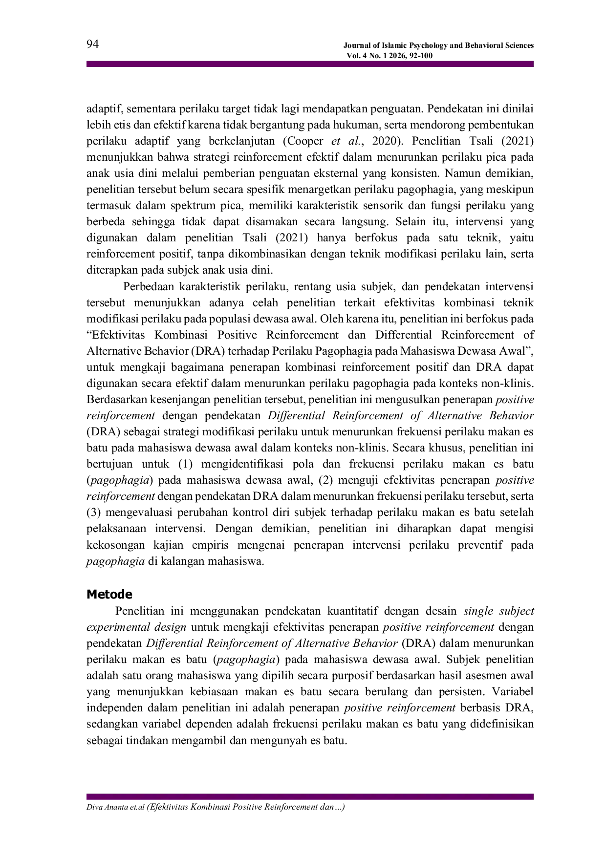 JURIS Efektivitas Kombinasi Positive Reinforcement dan Differential Reinforcement of Alternative Behavior DRA terhadap Pagophagia pada Mahasiswa Dewasa Awal