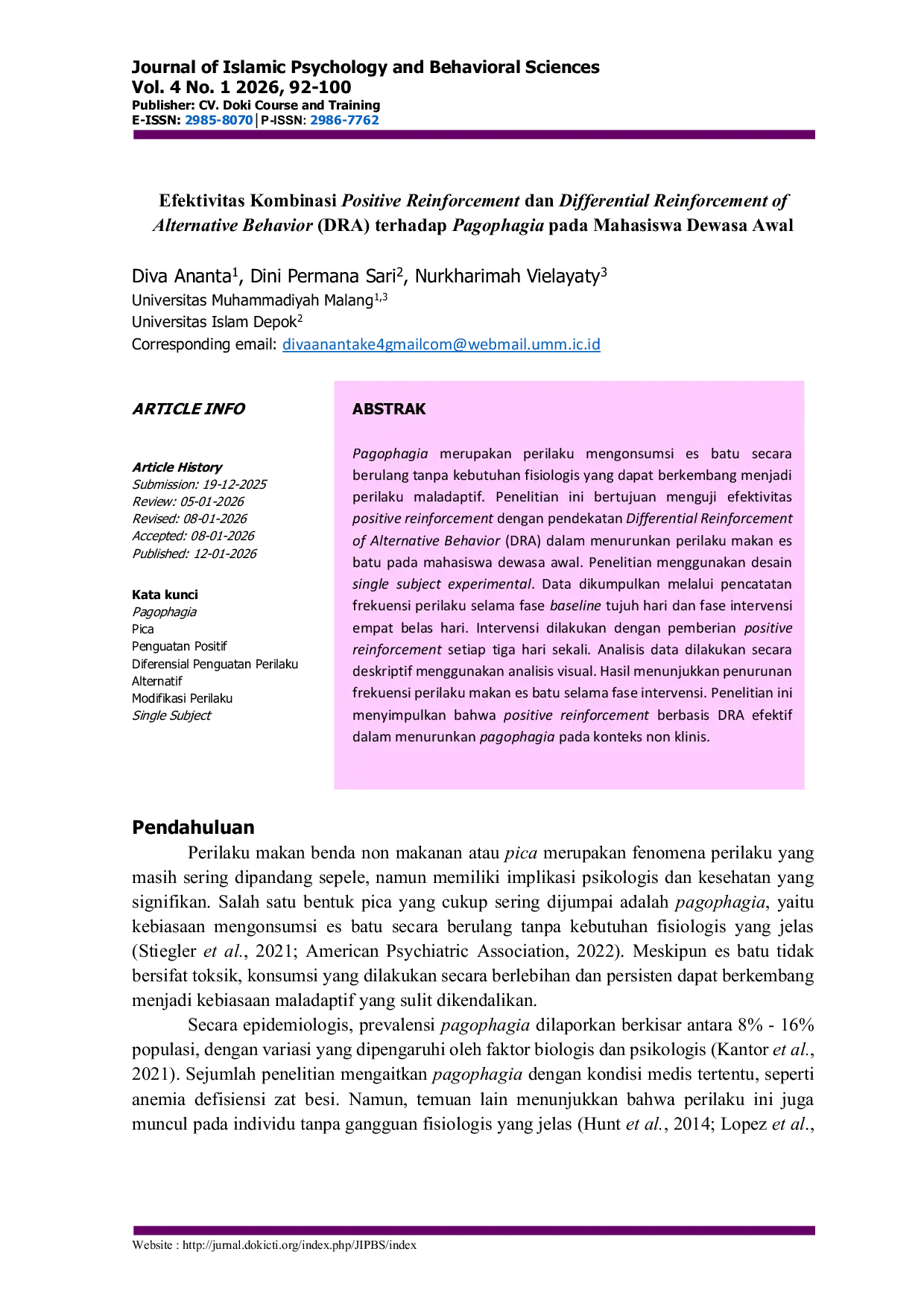 JURIS Efektivitas Kombinasi Positive Reinforcement dan Differential Reinforcement of Alternative Behavior DRA terhadap Pagophagia pada Mahasiswa Dewasa Awal