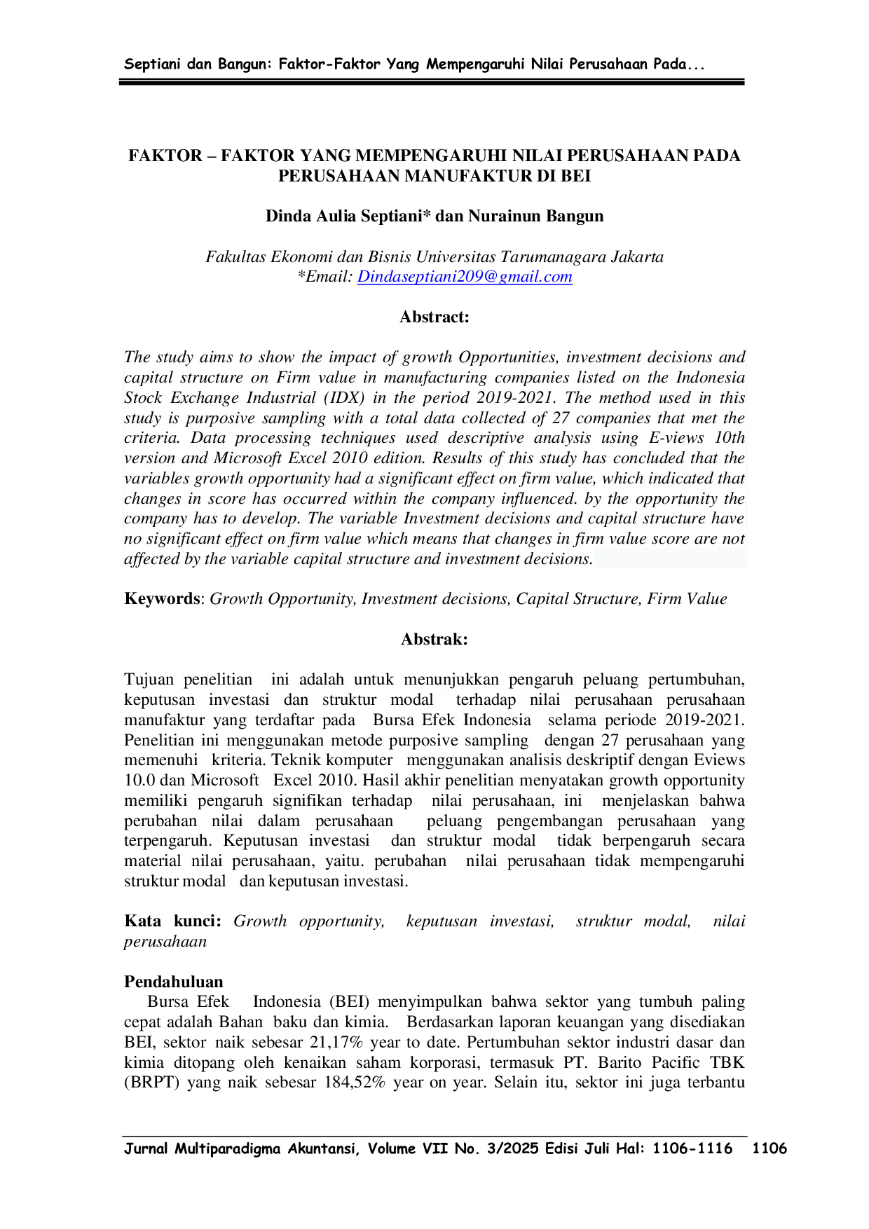 JURIS Faktor Faktor Yang Mempengaruhi Nilai Perusahaan Pada Perusahaan Manufaktur Di Bei