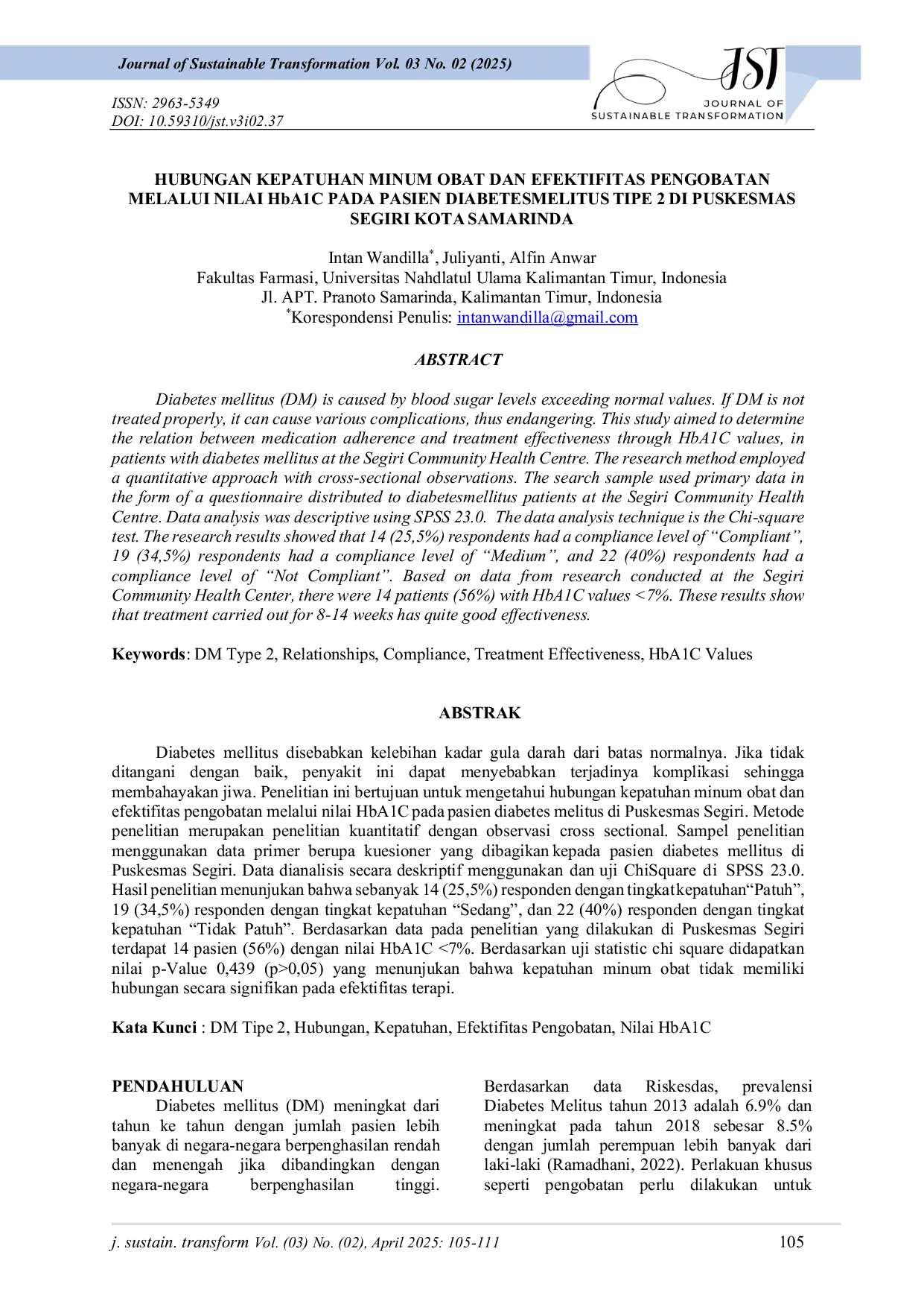 JURIS Hubungan Kepatuhan Minum Obat Dan Efektivitas Pengobatan Melalui Nilai HbA1C Pada Pasien Diabetes Melitus Tipe 2 Di Puskesmas Segiri Kota Samarinda