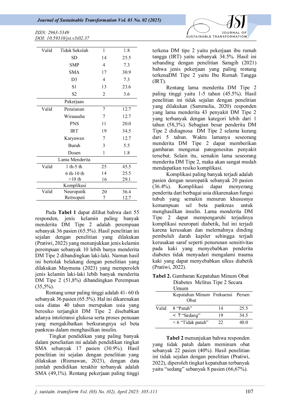 JURIS Hubungan Kepatuhan Minum Obat Dan Efektivitas Pengobatan Melalui Nilai HbA1C Pada Pasien Diabetes Melitus Tipe 2 Di Puskesmas Segiri Kota Samarinda