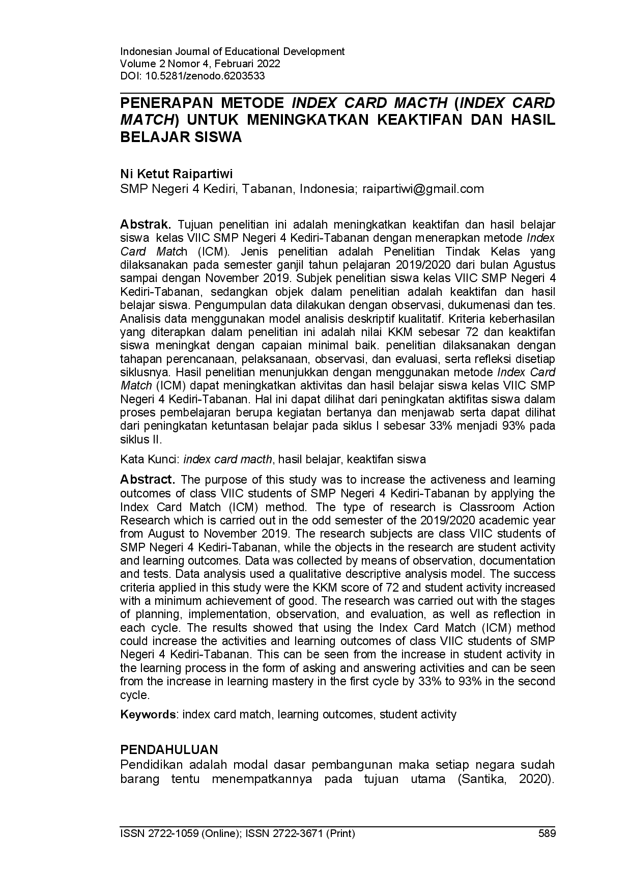 juris Penerapan metode index card macth INDEX CARD MATCH untuk meningkatkan keaktifan dan hasil belajar siswa