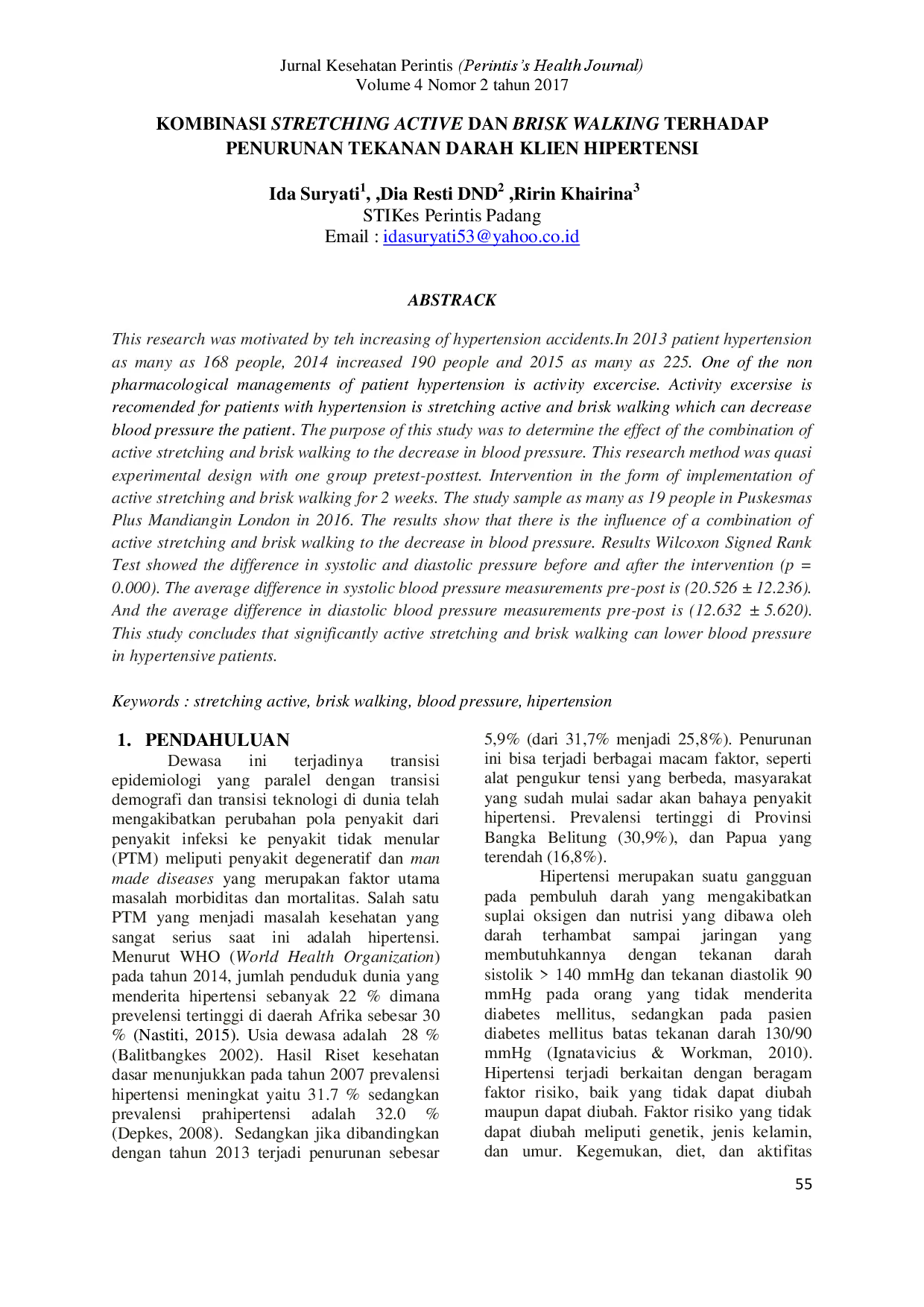 juris Kombinasi Stretching Aktif dan Brisk Walking Terhadap Penurunan Tekanan Darah Klien Hipertensi
