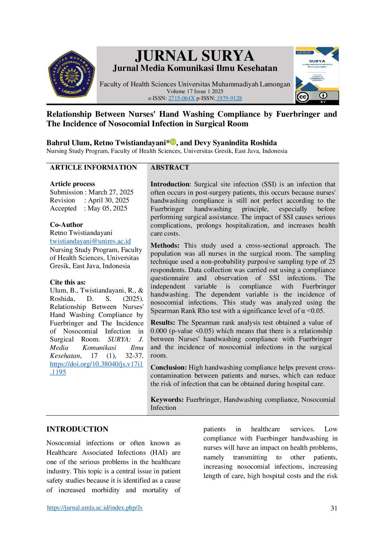 JURIS Relationship Between Nurses Hand Washing Compliance by Fuerbringer and The Incidence of Nosocomial Infection in Surgical Room