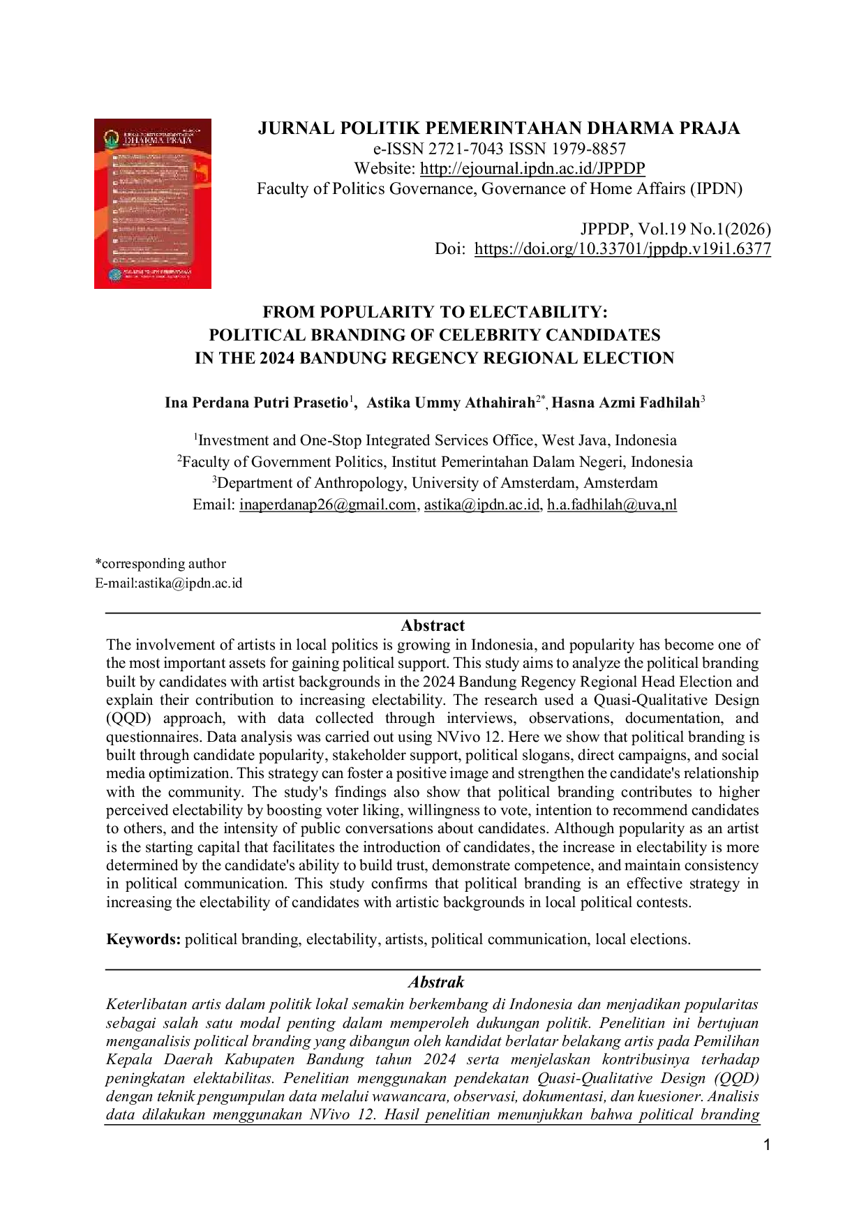 JURIS FROM POPULARITY TO ELECTABILITY POLITICAL BRANDING OF CELEBRITY CANDIDATES IN THE 2024 BANDUNG REGENCY REGIONAL ELECTION