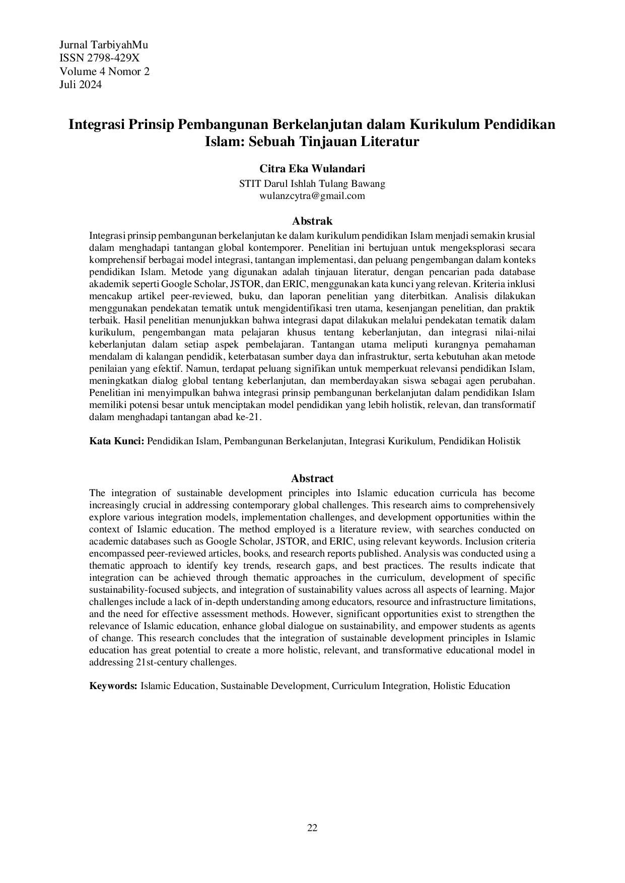 JURIS Integrasi Prinsip Pembangunan Berkelanjutan dalam Kurikulum Pendidikan Islam Sebuah Tinjauan Literatur Model Integrasi Pembangunan Berkelanjutan dalam Kurikulum Pendidikan Islam dan Tantangan dan Pe