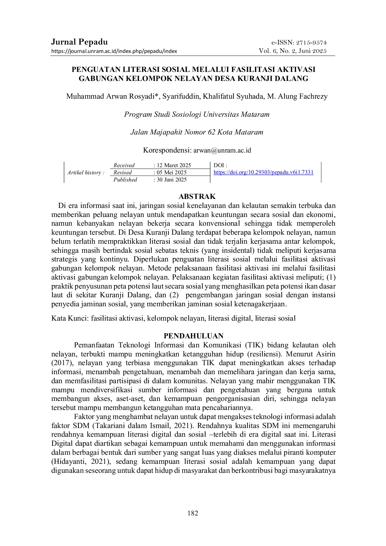 JURIS Pengutan Literasi Sosial Melalui Fasilitasi Aktivasi Gabungan Kelompok Nelayan Desa Kuranji Dalang