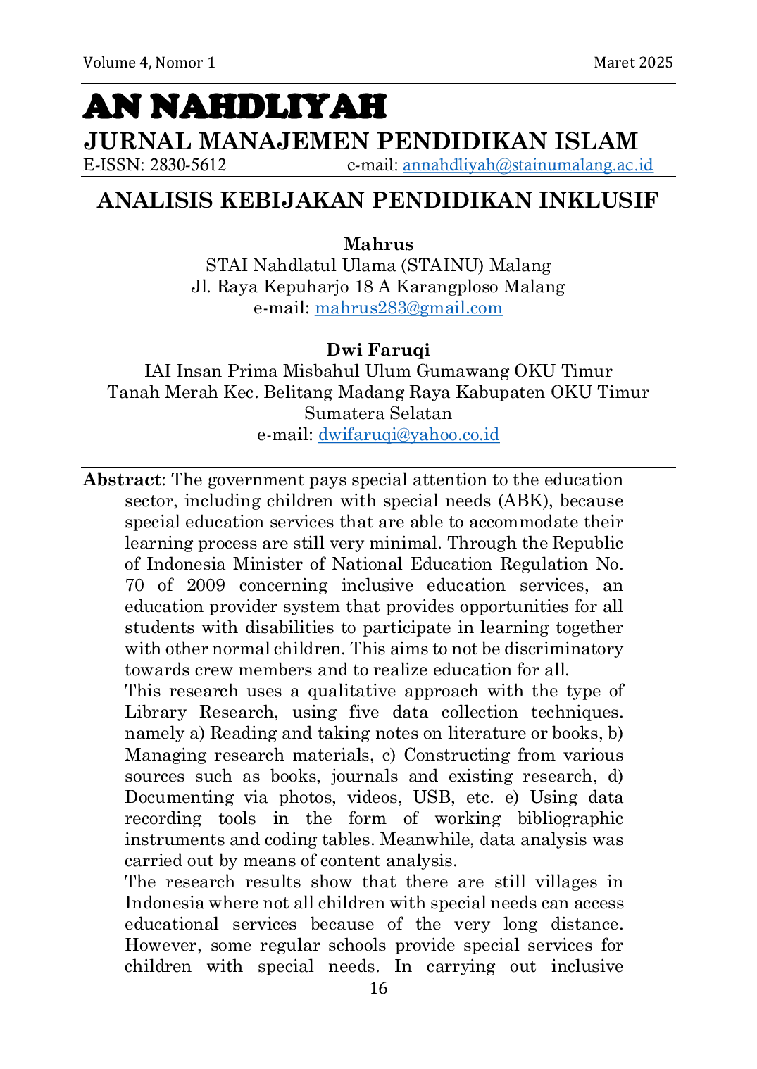 JURIS Analisis Kebijakan Pendidikan Inklusif