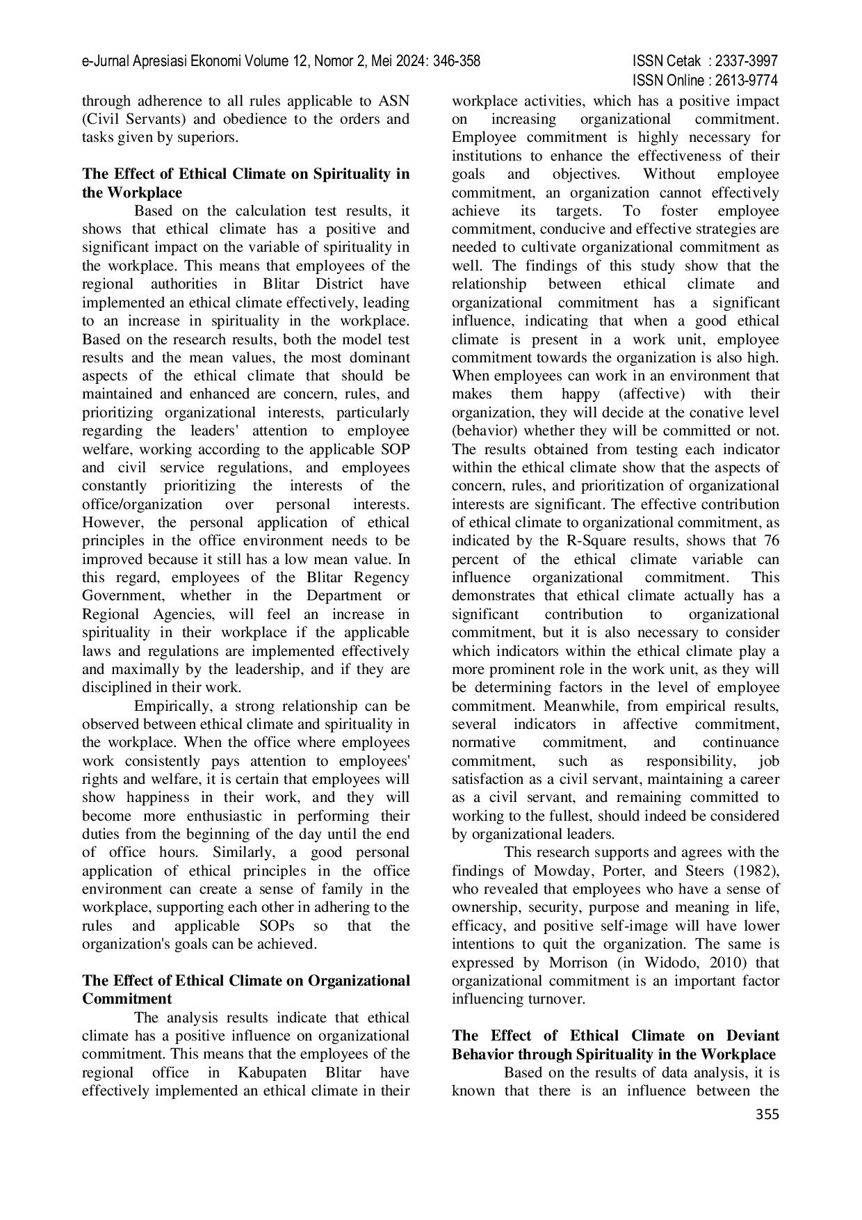 JURIS Analysis of Ethical Climate Spirituality in the Workplace and Organizational Commitment to Deviant Behavior of ASN Blitar Regency Government