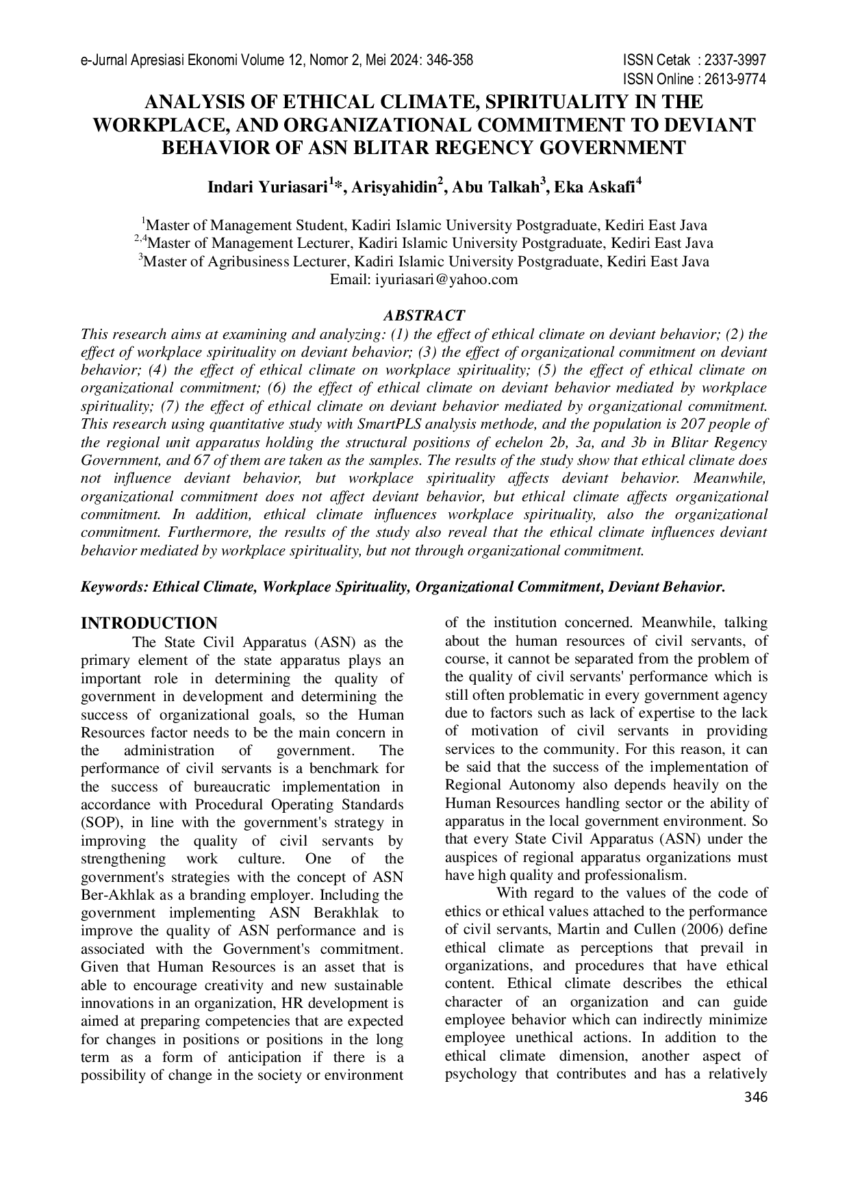 JURIS Analysis of Ethical Climate Spirituality in the Workplace and Organizational Commitment to Deviant Behavior of ASN Blitar Regency Government