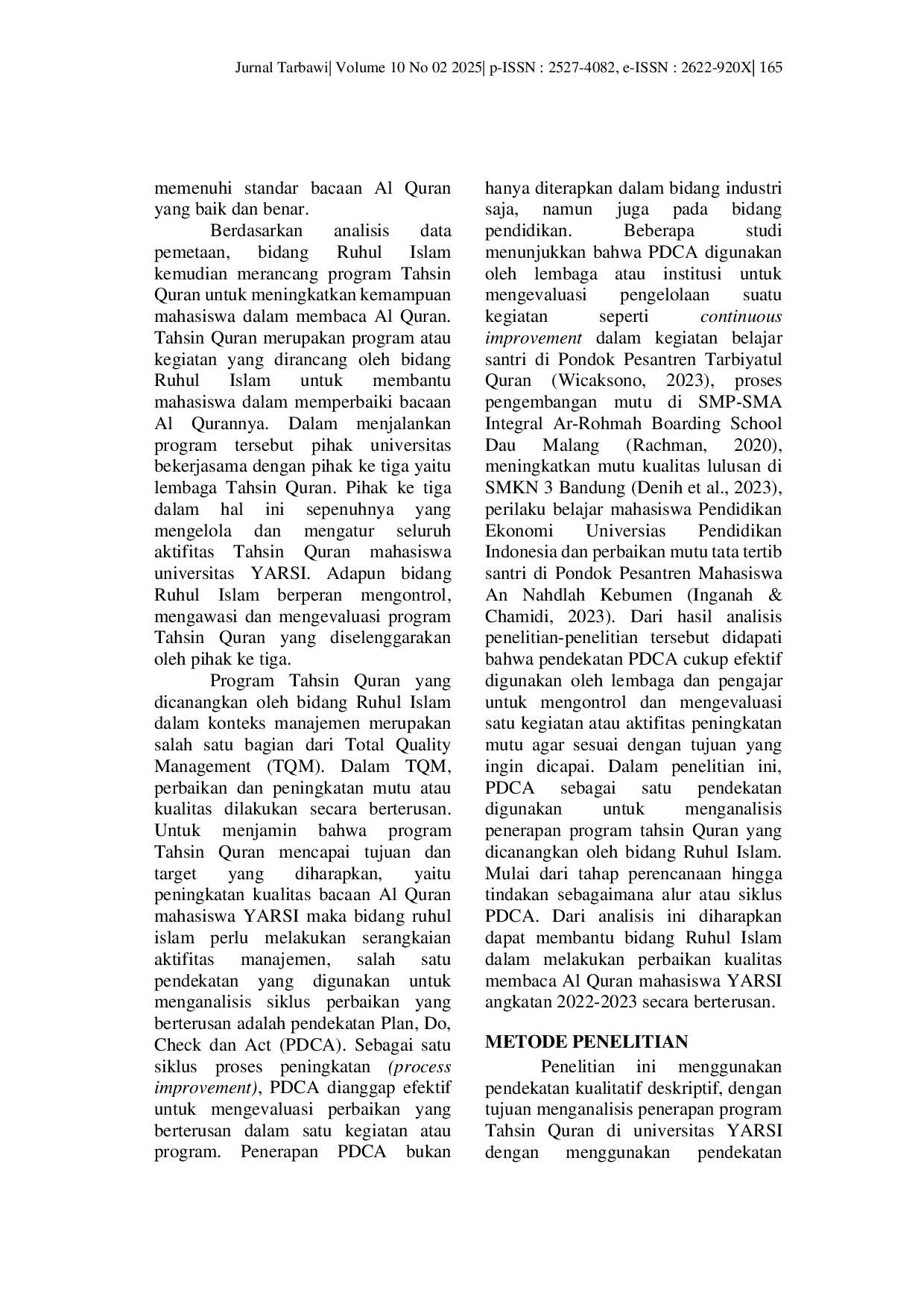 JURIS Analisis Pendekatan Plan Do Check Act PDCA Pada Program Tahsin Quran di Perguruan Tinggi