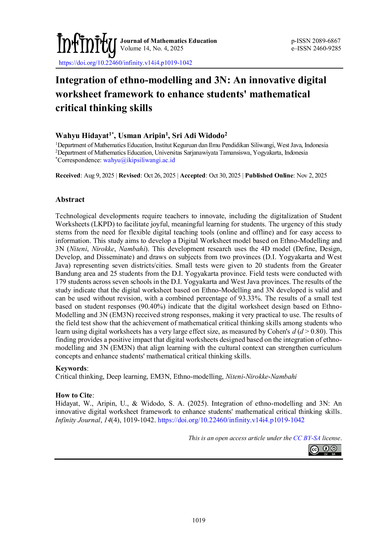 JURIS Integration of ethno modelling and 3N An innovative digital worksheet framework to enhance students mathematical critical thinking skills