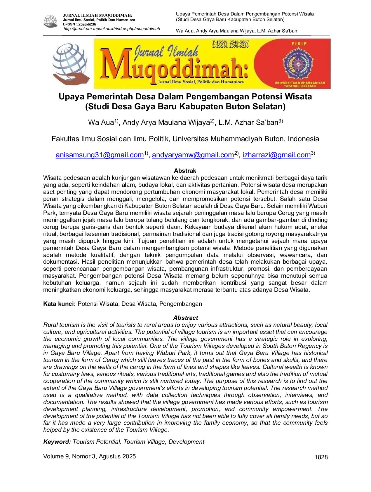 JURIS Upaya Pemerintah Desa Dalam Pengembangan Potensi Wisata Studi Desa Gaya Baru Kabupaten Buton Selatan